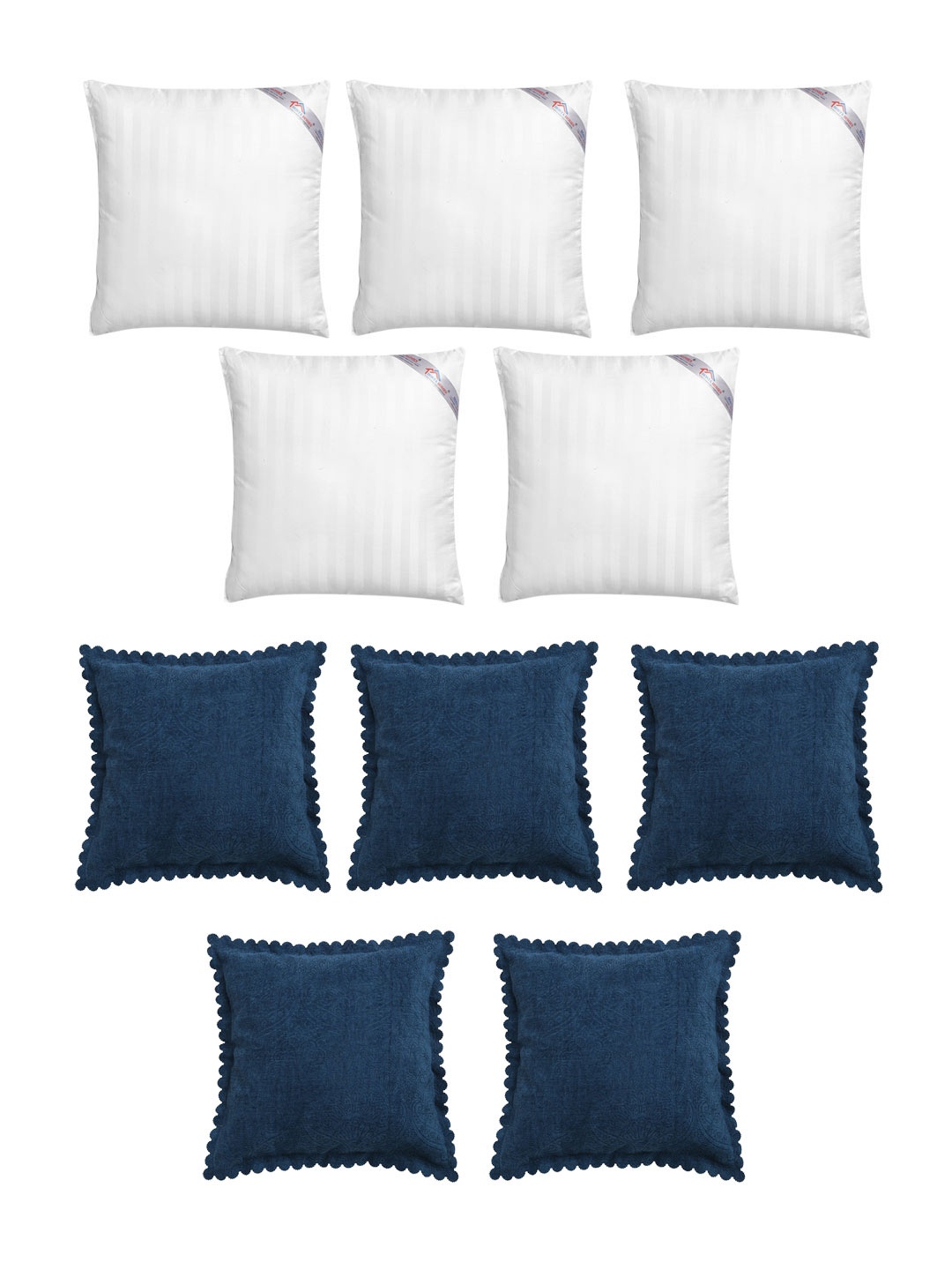 

HOSTA HOMES Set Of 5 Striped Cushions & 5 Velvet Square Cushion Covers, Navy blue