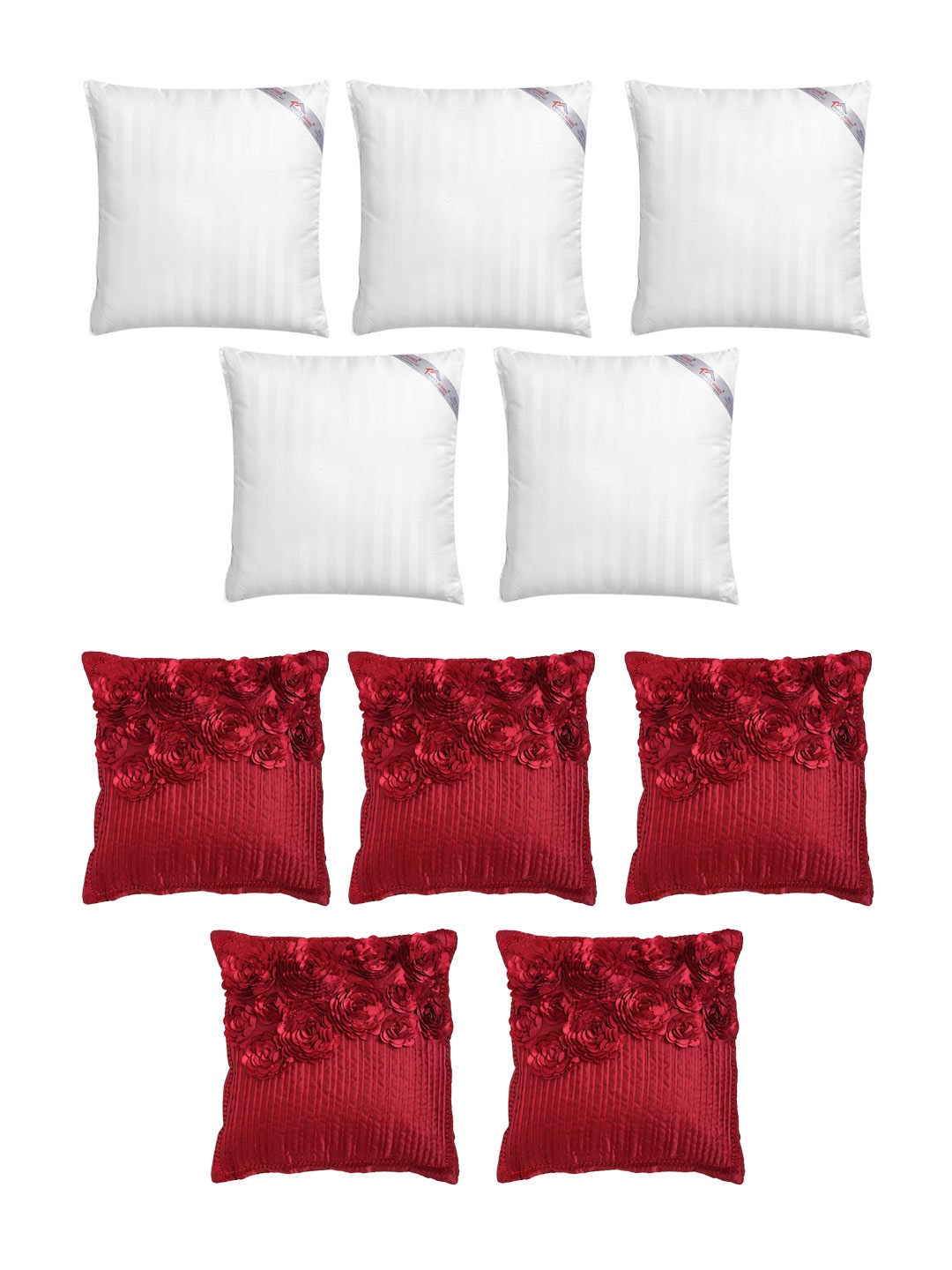 

HOSTA HOMES Set Of 5 Striped Cushions & 5 Embellished Square Cushion Covers, Maroon