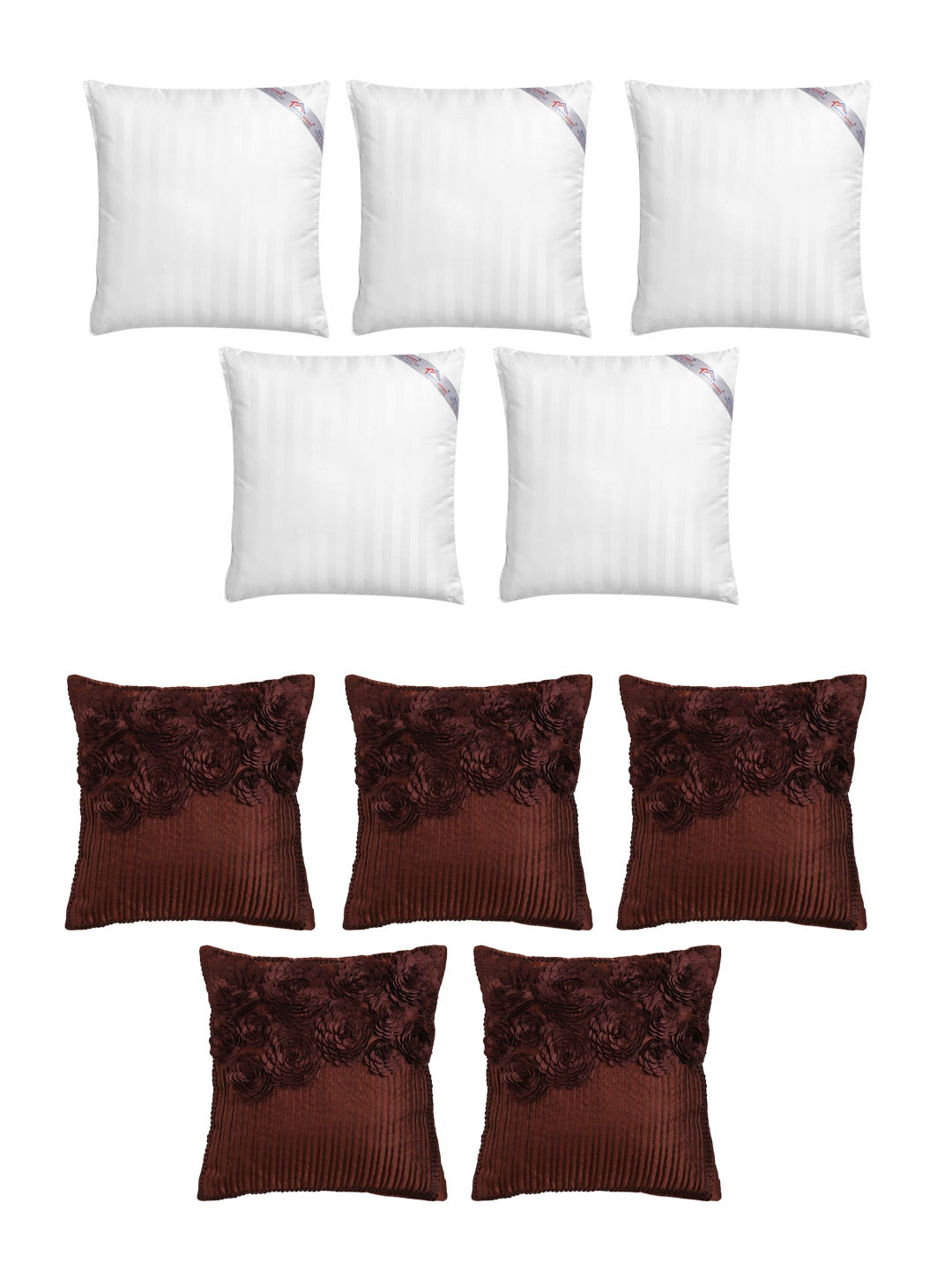 

HOSTA HOMES Set Of 5 Striped Cushions & 5 Embellished Square Cushion Covers, Brown