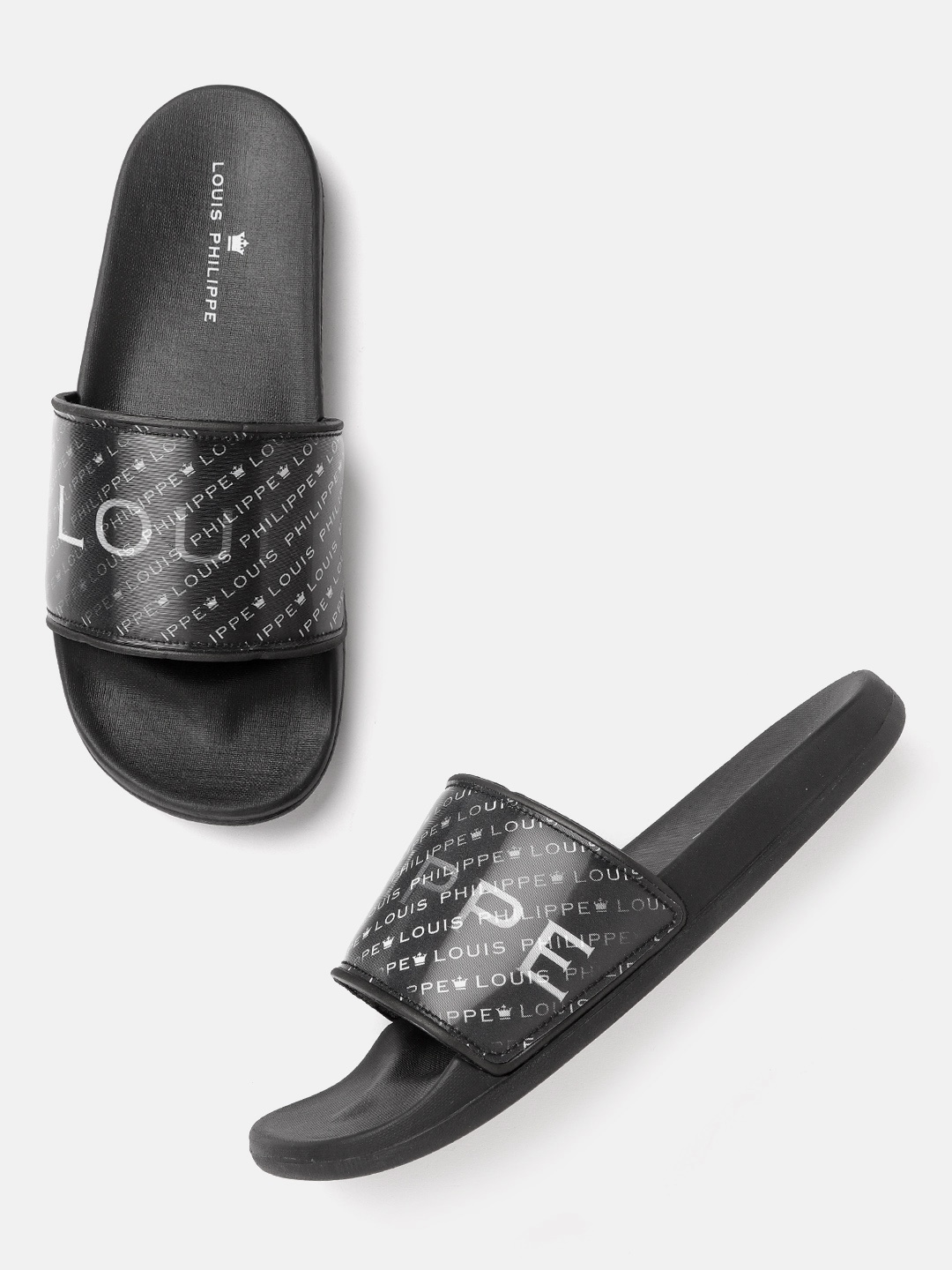 

Louis Philippe Men Black & White Brand Logo Iridescent Effect Printed Sliders