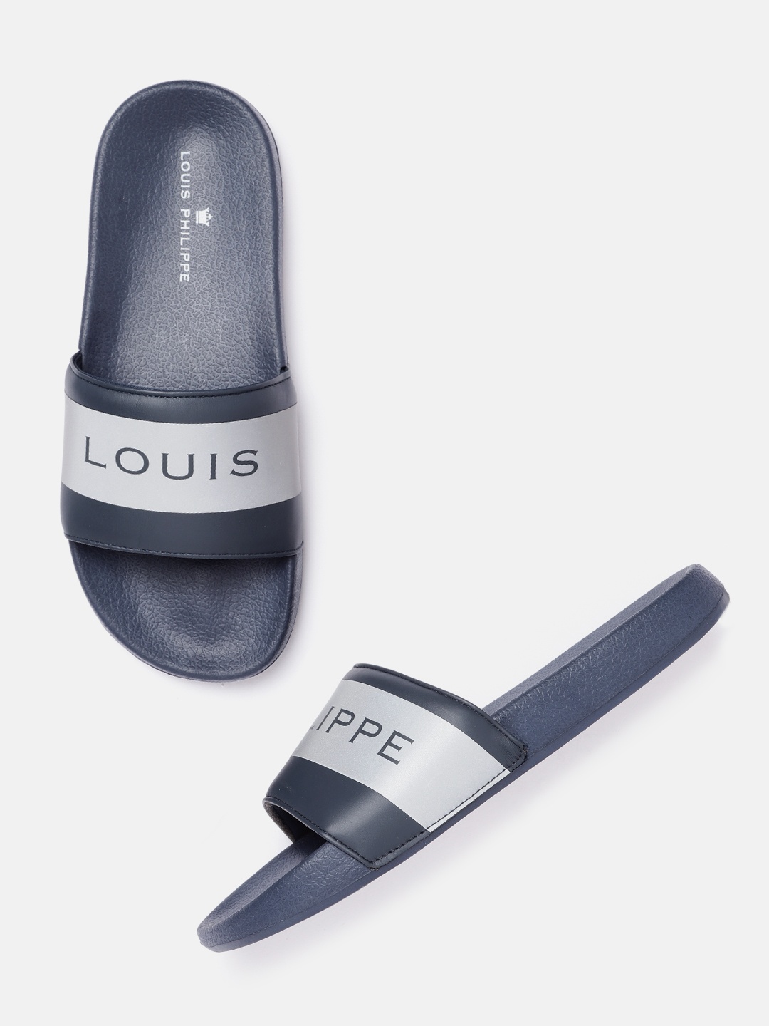 

Louis Philippe Men Navy Blue & Grey Brand Name Print Leather Sliders