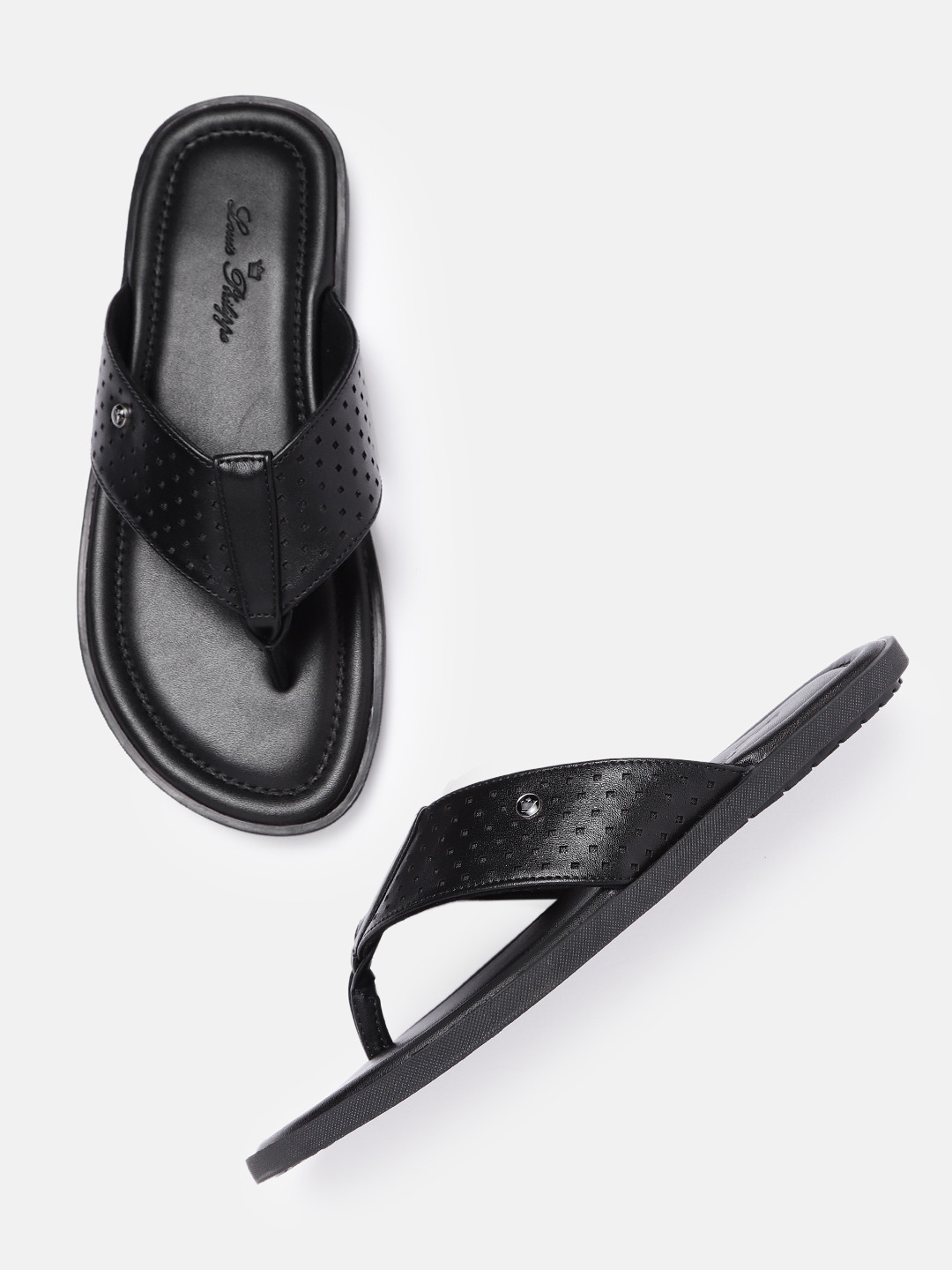 

Louis Philippe Men Black Solid Leather Perforated Comfort Sandals