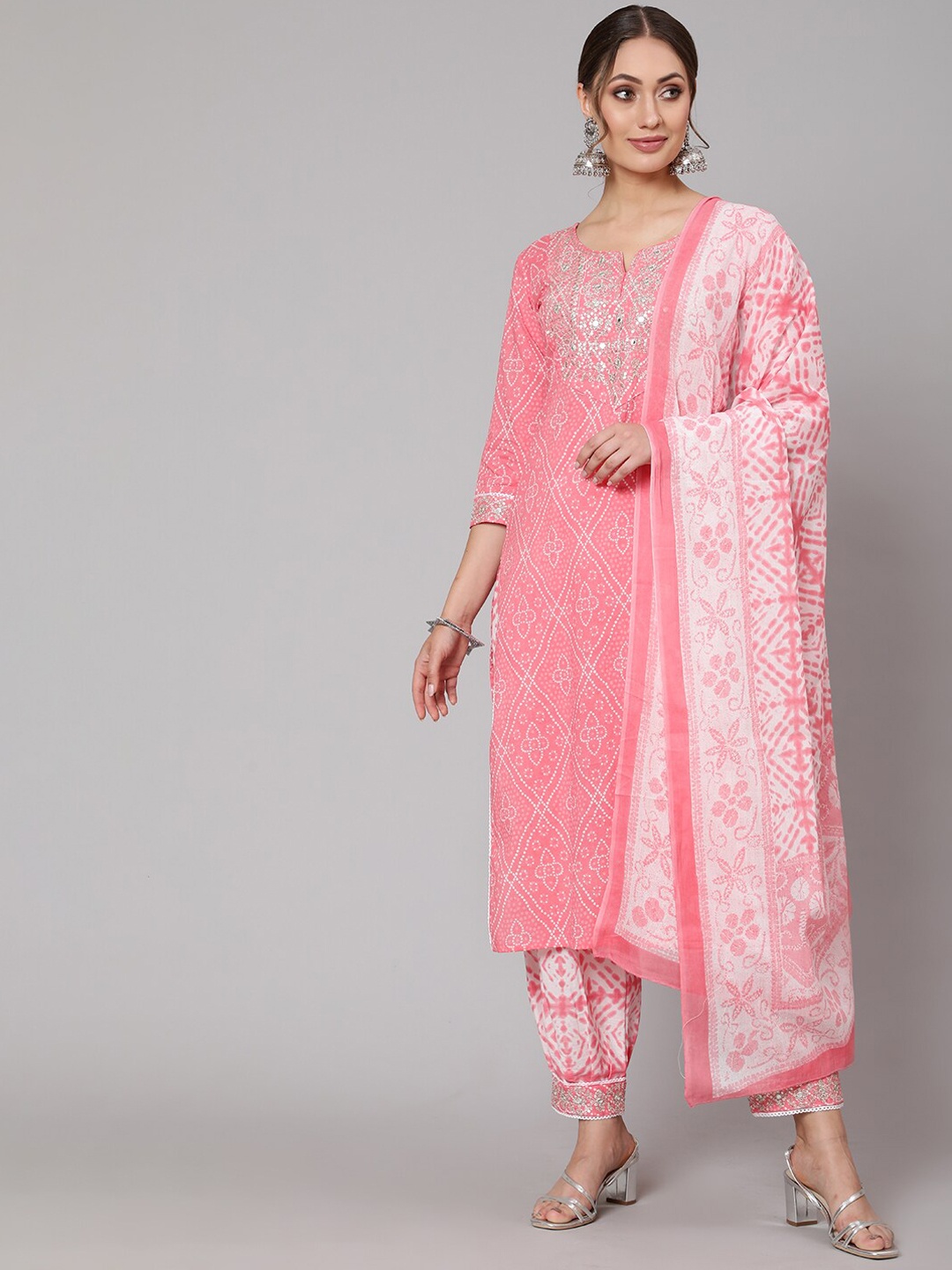 

THE NKS PLUS Women Pink Ethnic Motifs Printed Layered Pure Cotton Kurta with Salwar & With Dupatta