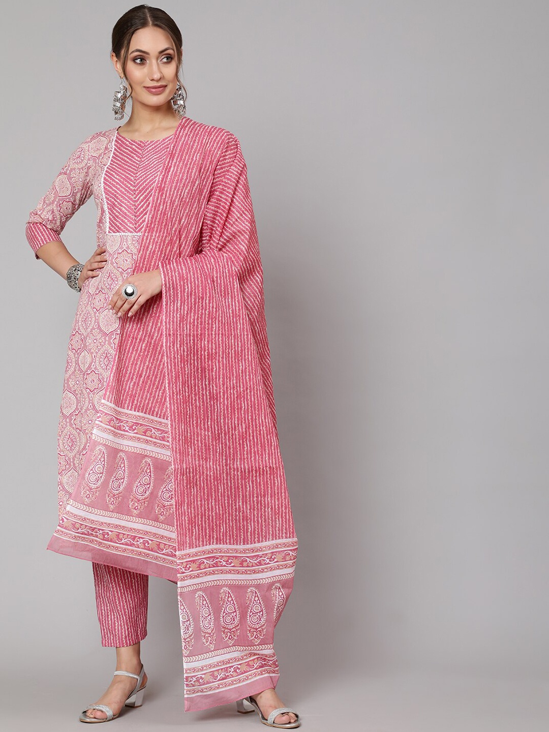 

THE NKS PLUS Women Pink Striped Panelled Pure Cotton Kurta with Trousers & With Dupatta