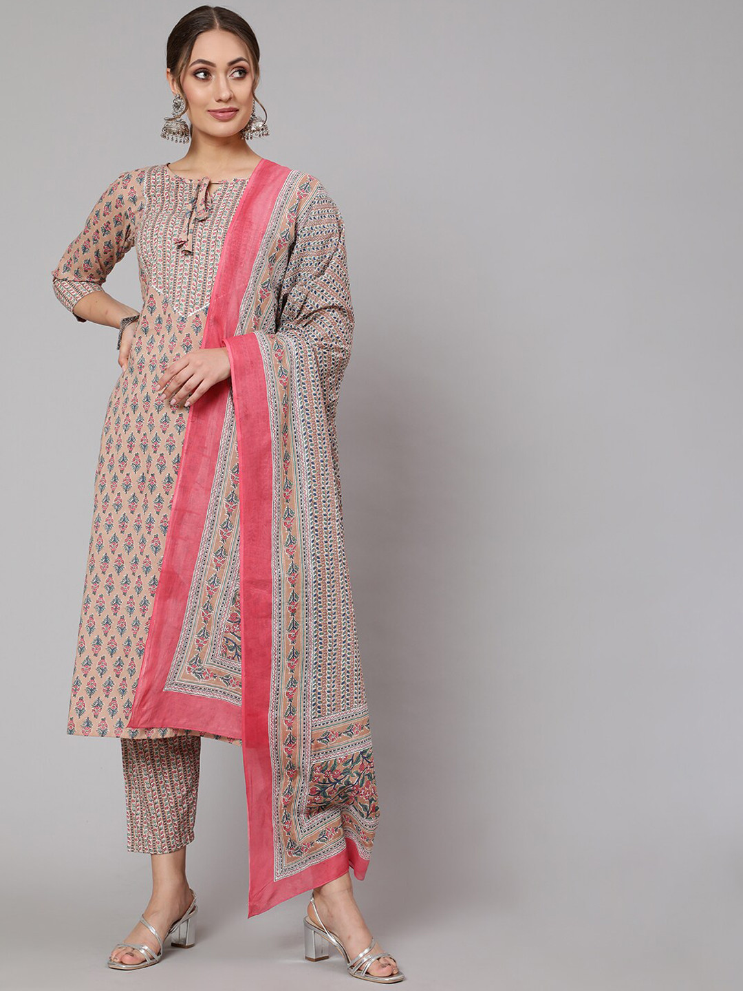 

THE NKS PLUS Women Beige Striped Panelled Pure Cotton Kurta with Trousers & With Dupatta