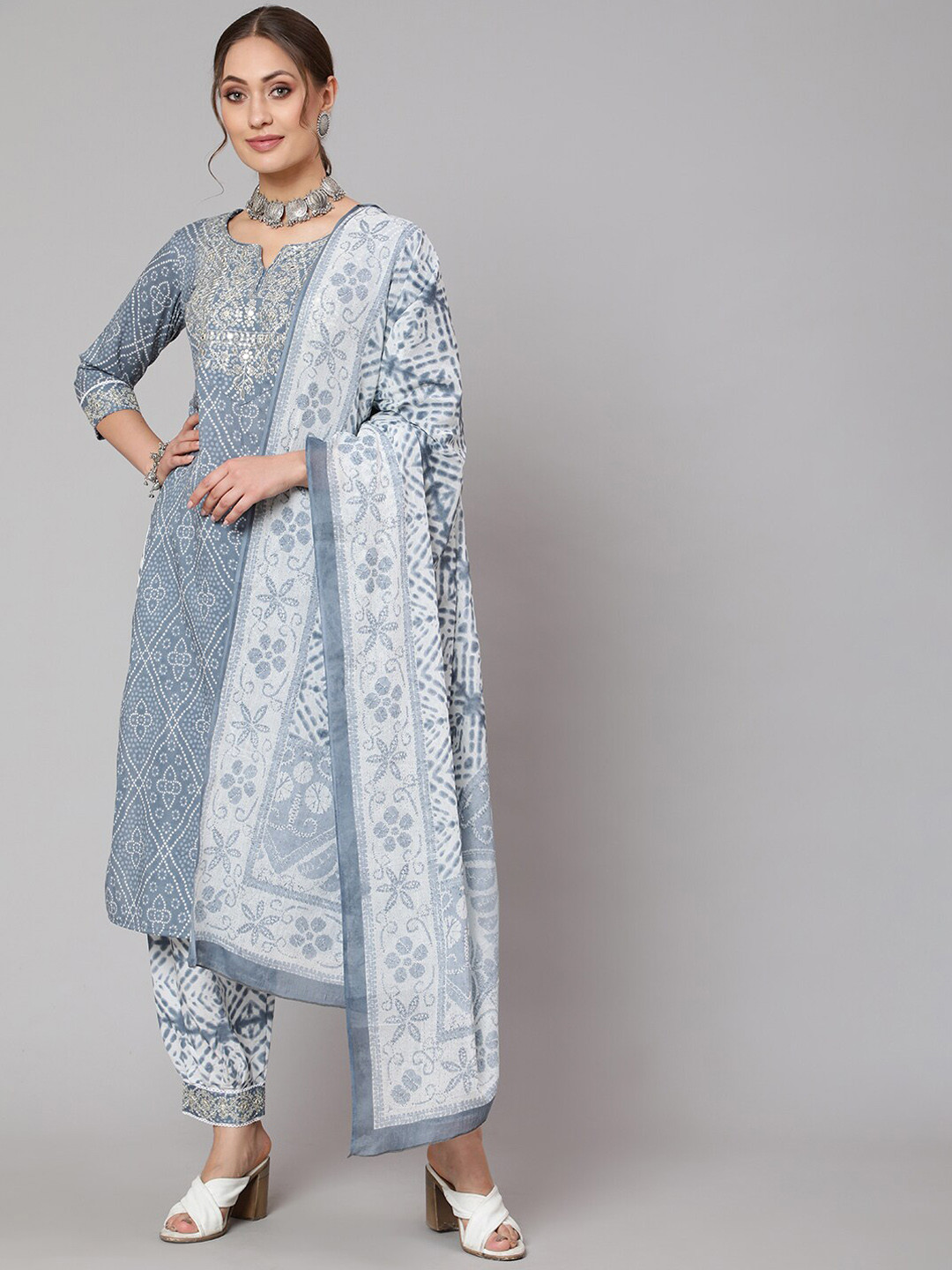 

THE NKS PLUS Women Grey Striped Panelled Pure Cotton Kurti with Trousers & With Dupatta