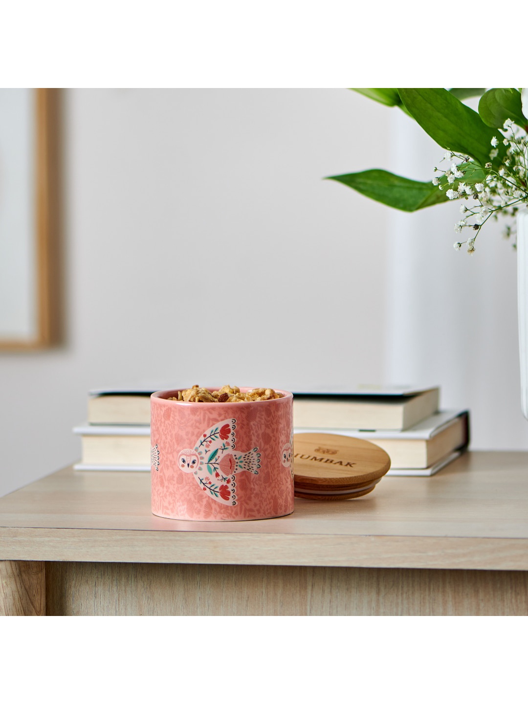 

Chumbak Pink Ceramic Storage Jar With Wooden Lid