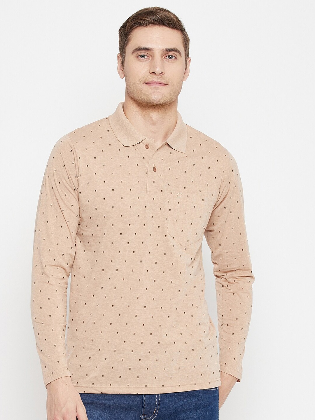 

Camey Men Cream-Coloured & sand dollar Printed Polo Collar T-shirt