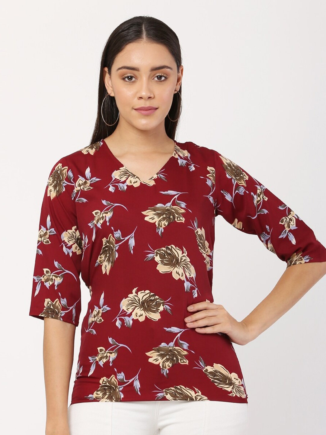 

The Label Bar Maroon & antique ruby Floral Print Crepe Top