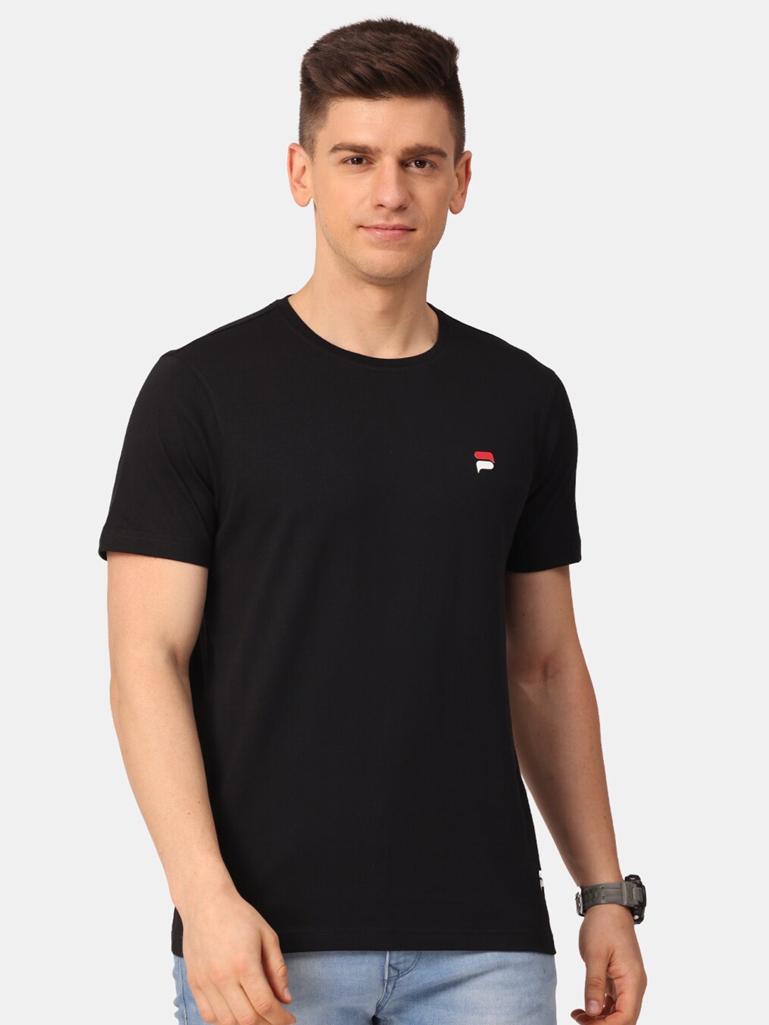

POLONIUM Men Black & rich black Drop-Shoulder Sleeves T-shirt
