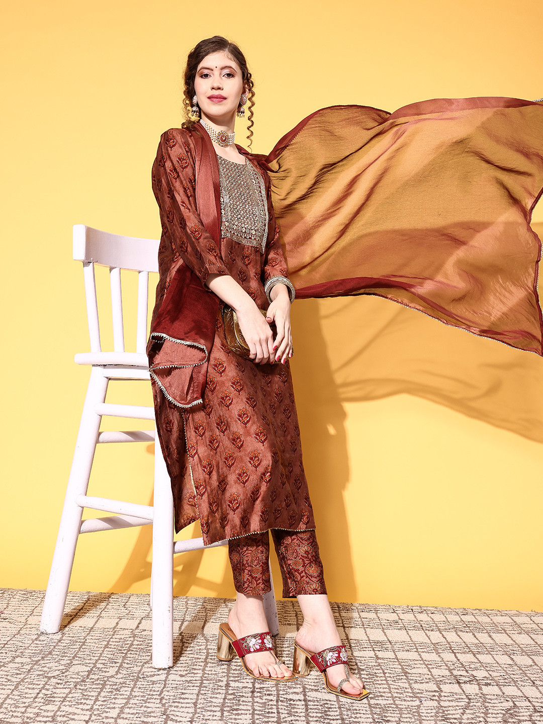 

ZOLA Women Ethnic Motifs Polyester Print Parade Kurta Set, Rust