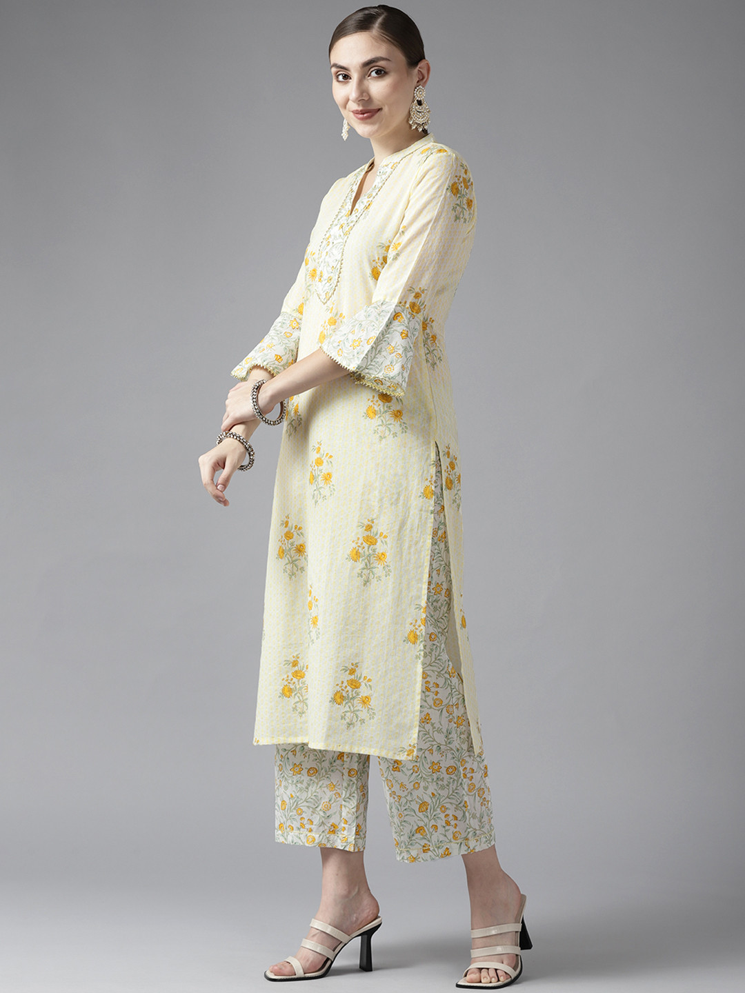 

Amirah s Women White Ethnic Motifs Printed Sequinned Pure Cotton Kurta with Palazzos