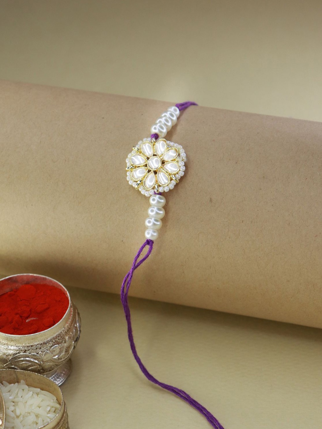 

I Jewels Gold-Toned & White Floral Studded Rakhi