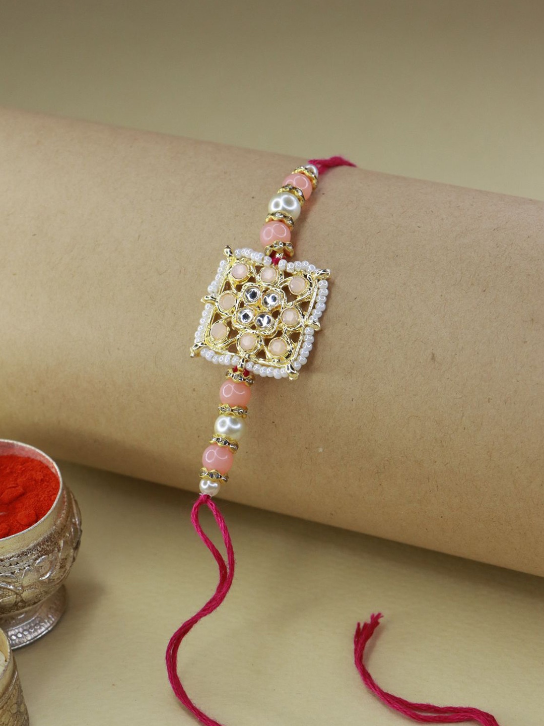 

I Jewels Gold-Toned & Peach-Coloured Beaded & Studded Rakhi