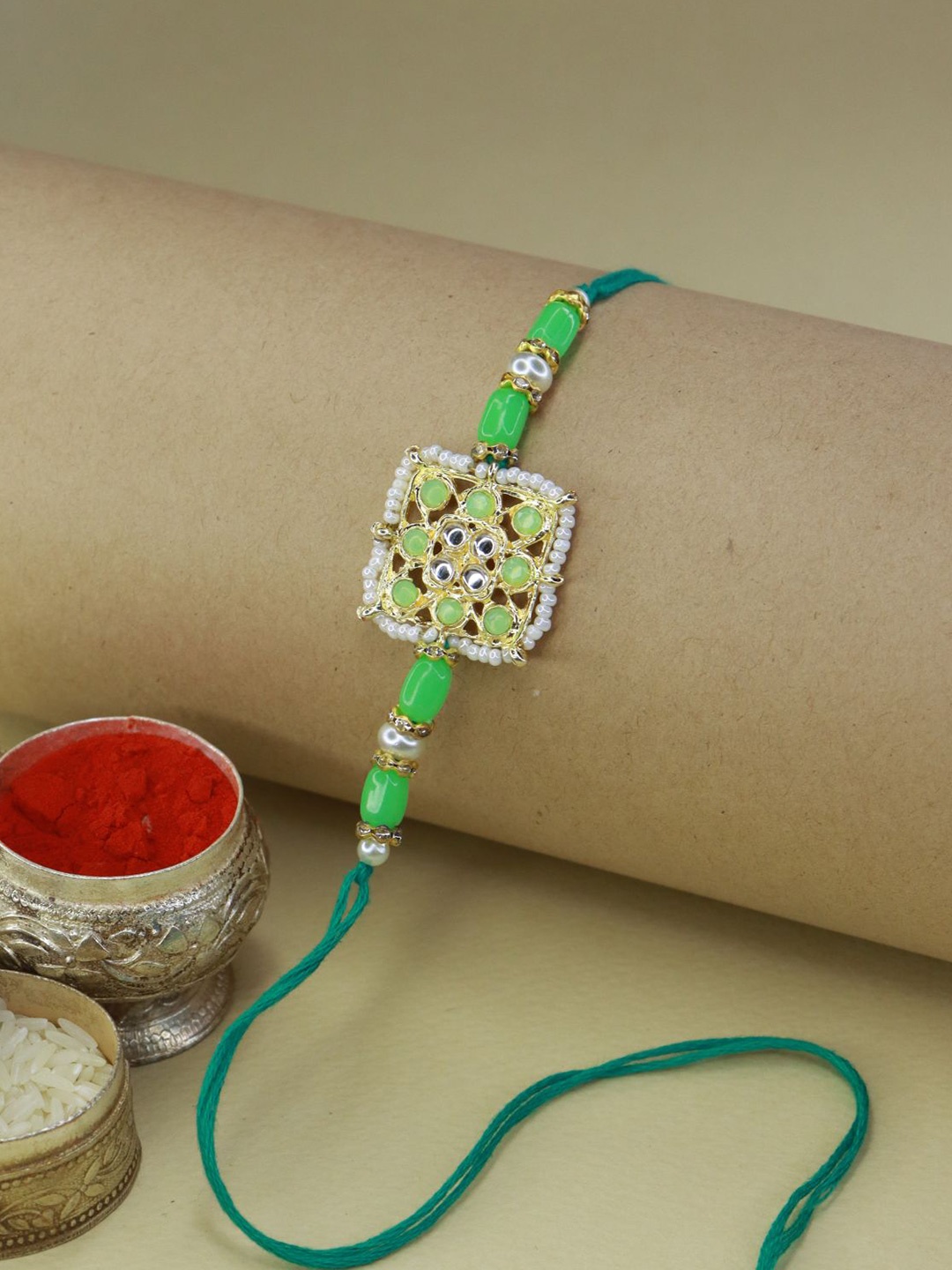 

I Jewels Green & White Beads Studded Rakhi