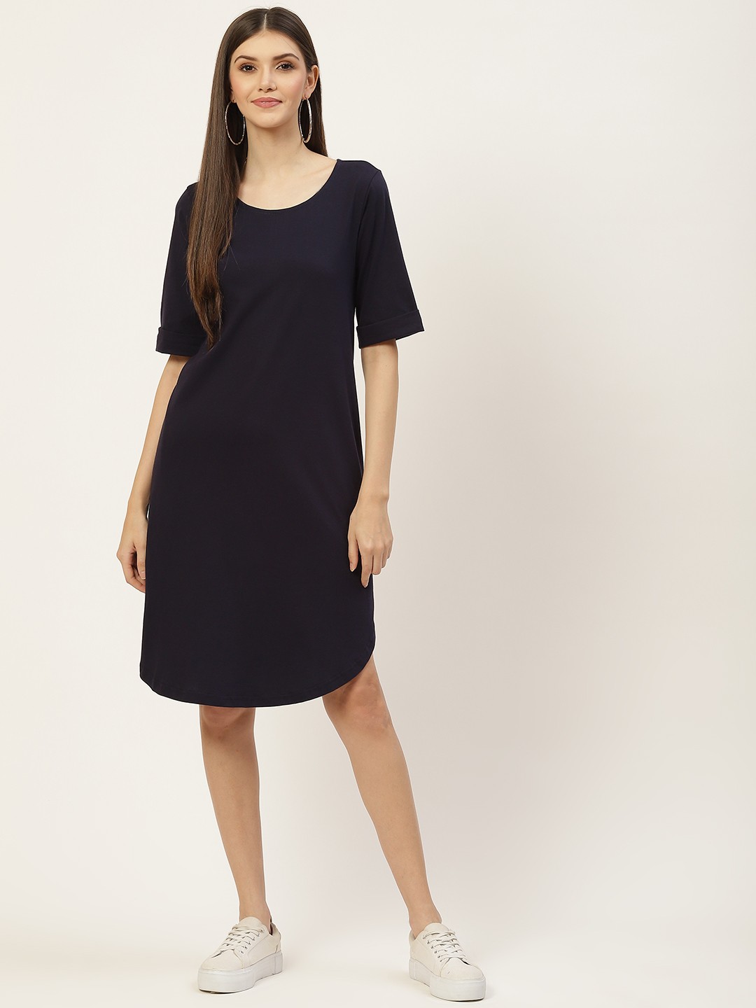 

BRINNS Navy Blue Solid Pure Cotton A-Line Midi Dress