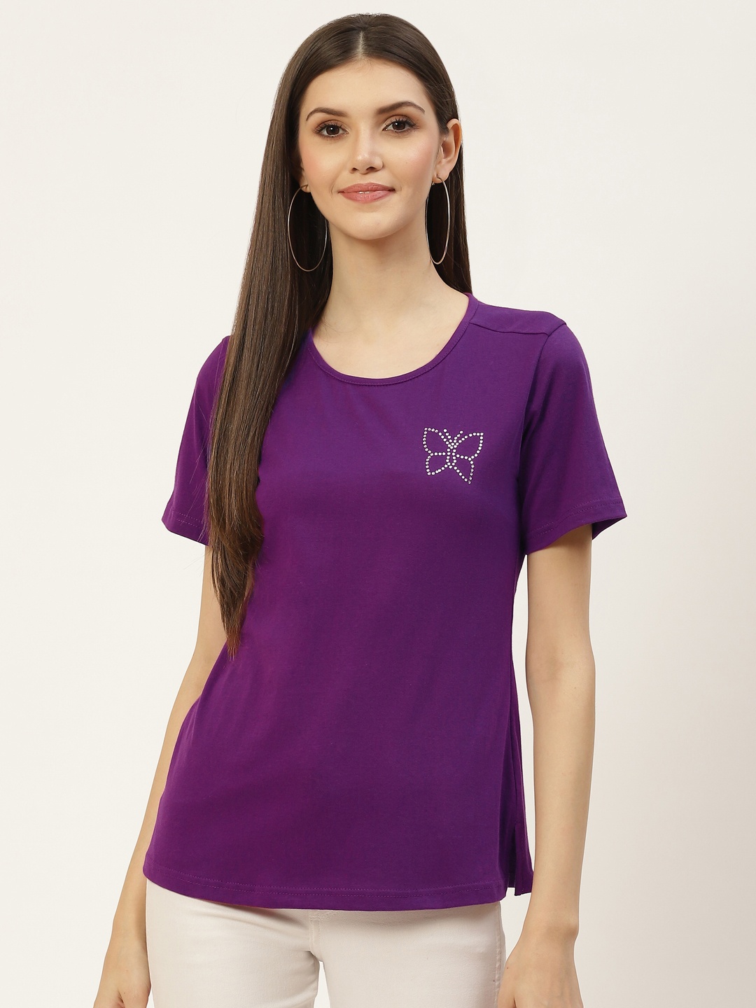 

BRINNS Women Purple Embellished Pure Cotton T-shirt