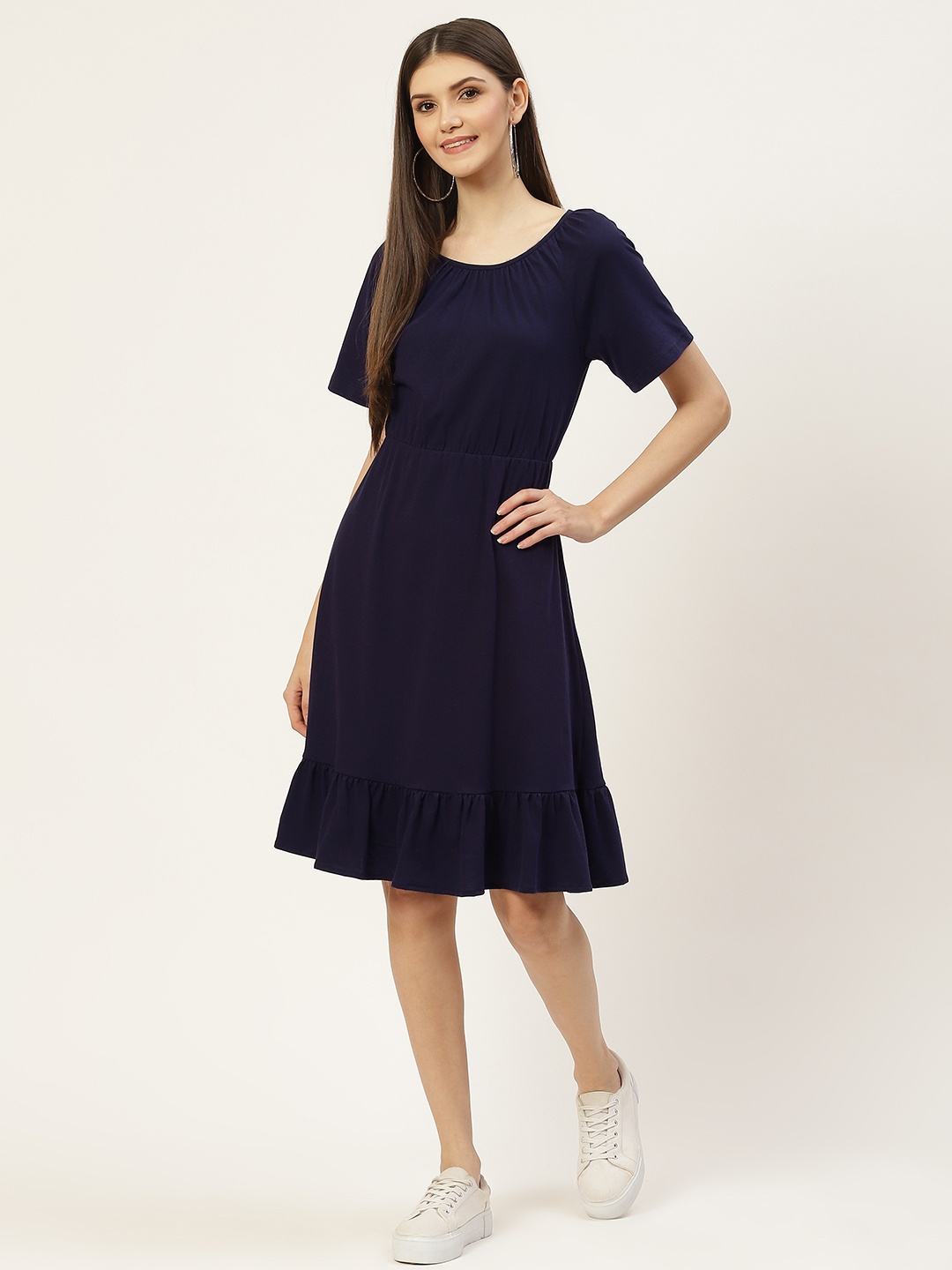 

BRINNS Navy Blue Solid Pure Cotton Fit and Flare Midi Dress