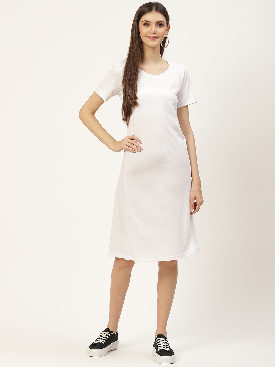 

BRINNS White Solid Pure Cotton A-Line Midi Dress