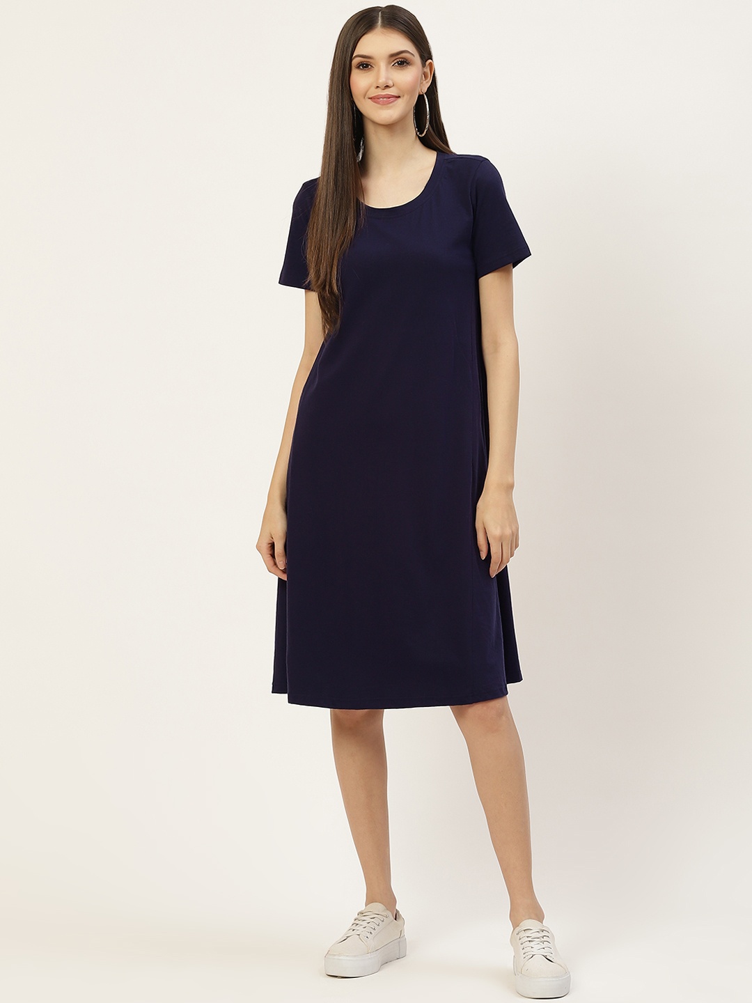 

BRINNS Navy Blue Solid Pure Cotton A-Line Midi Dress