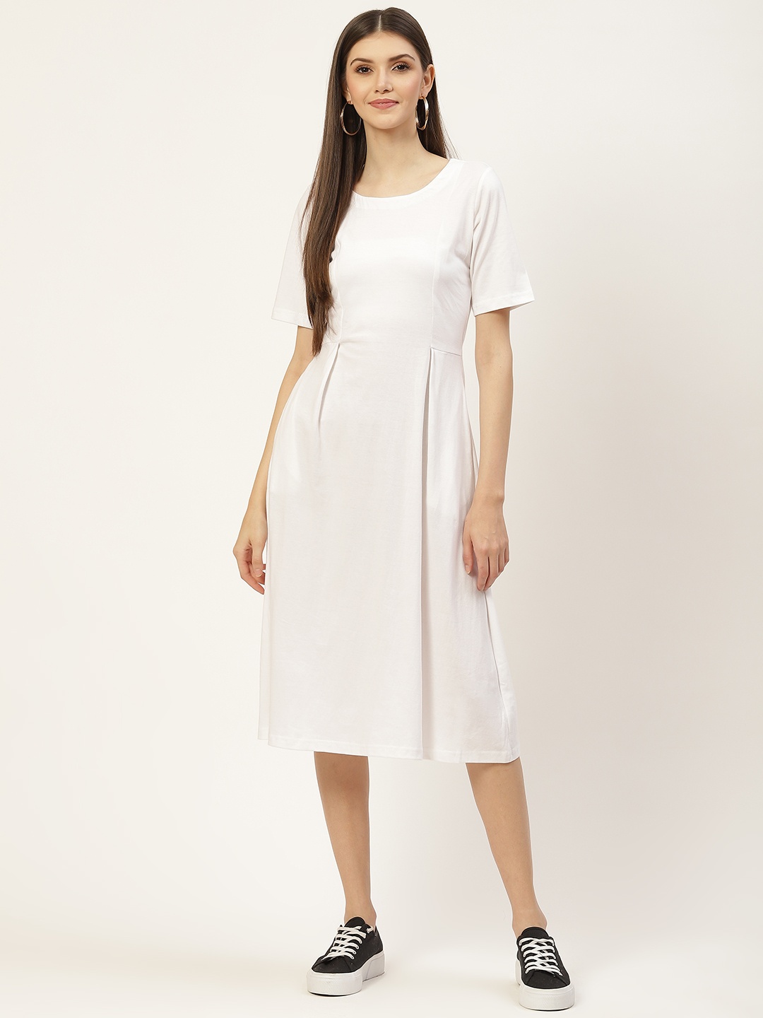 

BRINNS White Solid Pure Cotton A-Line Midi Dress