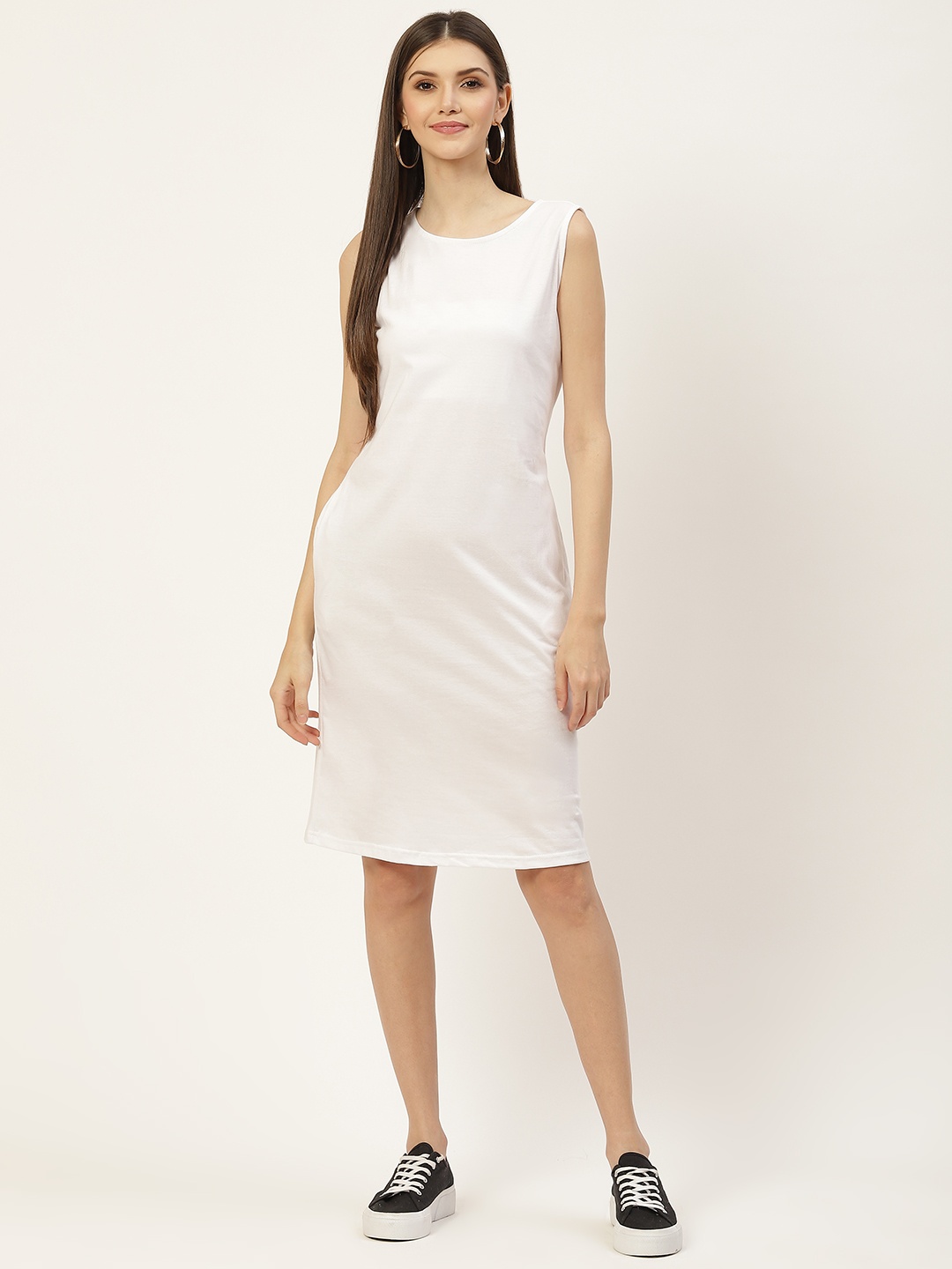 

BRINNS White Solid Pure Cotton A-Line Midi Dress