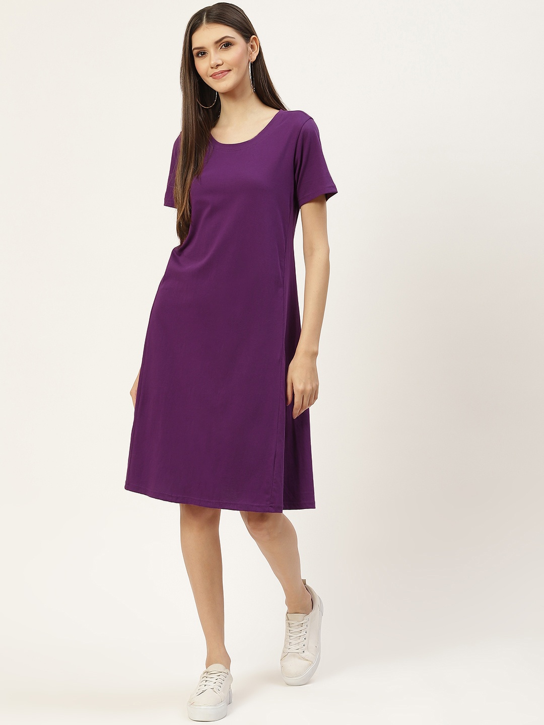 

BRINNS Purple Solid Pure Cotton A-Line Midi Dress