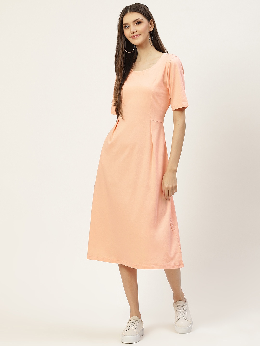 

BRINNS Peach-Coloured Solid Pure Cotton A-Line Midi Dress