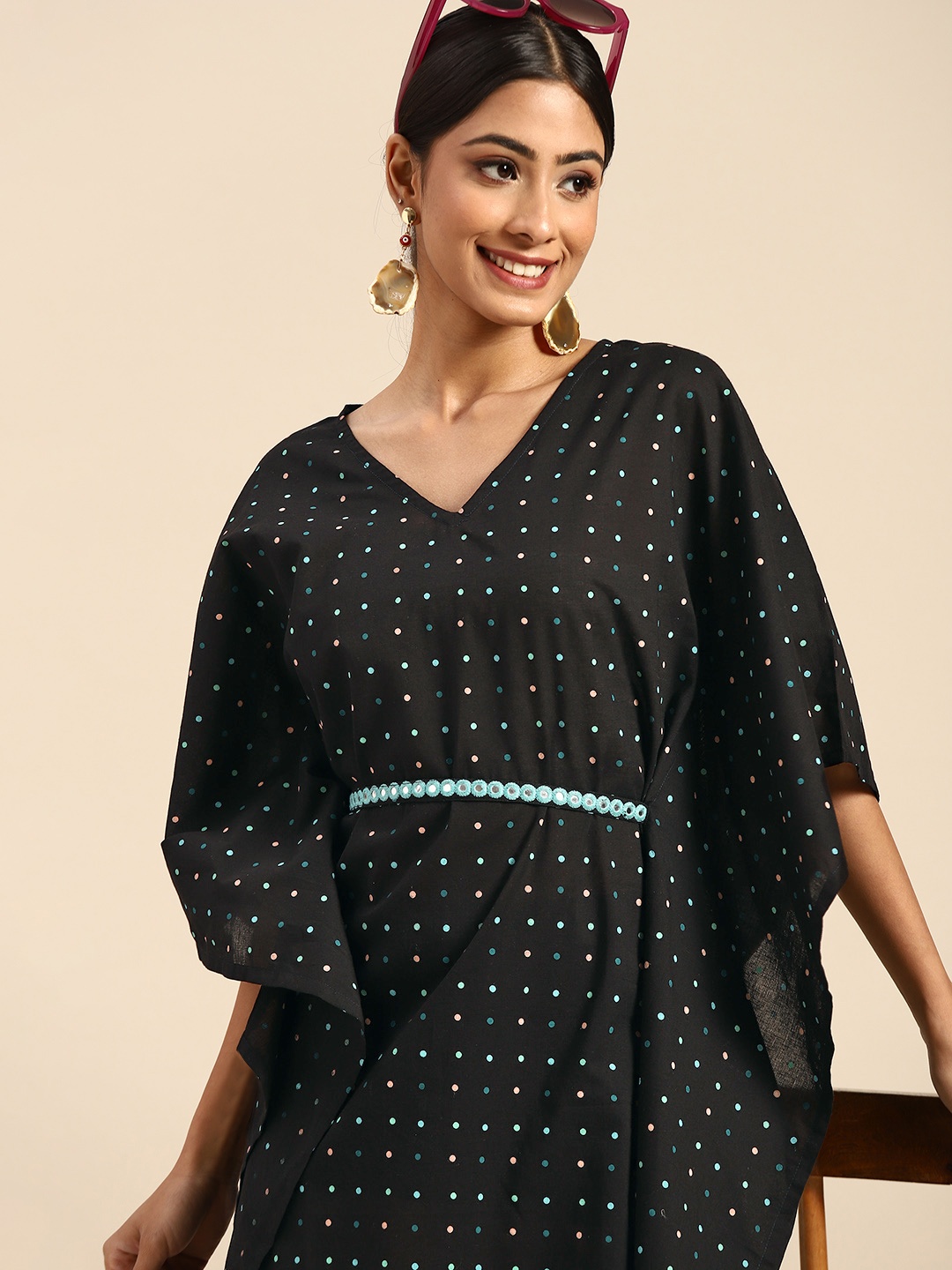 

Sangria Black Polka Dots Mirror Kaftan Dress