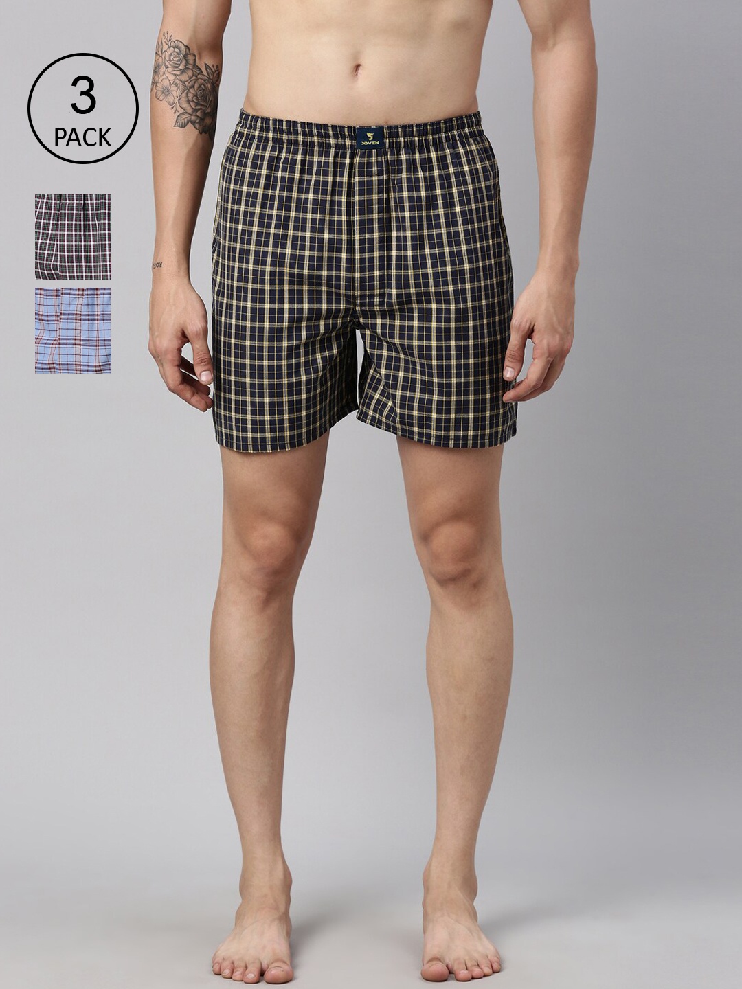 

Joven Men Pack of 3 Checked Pure Cotton Boxers, Blue
