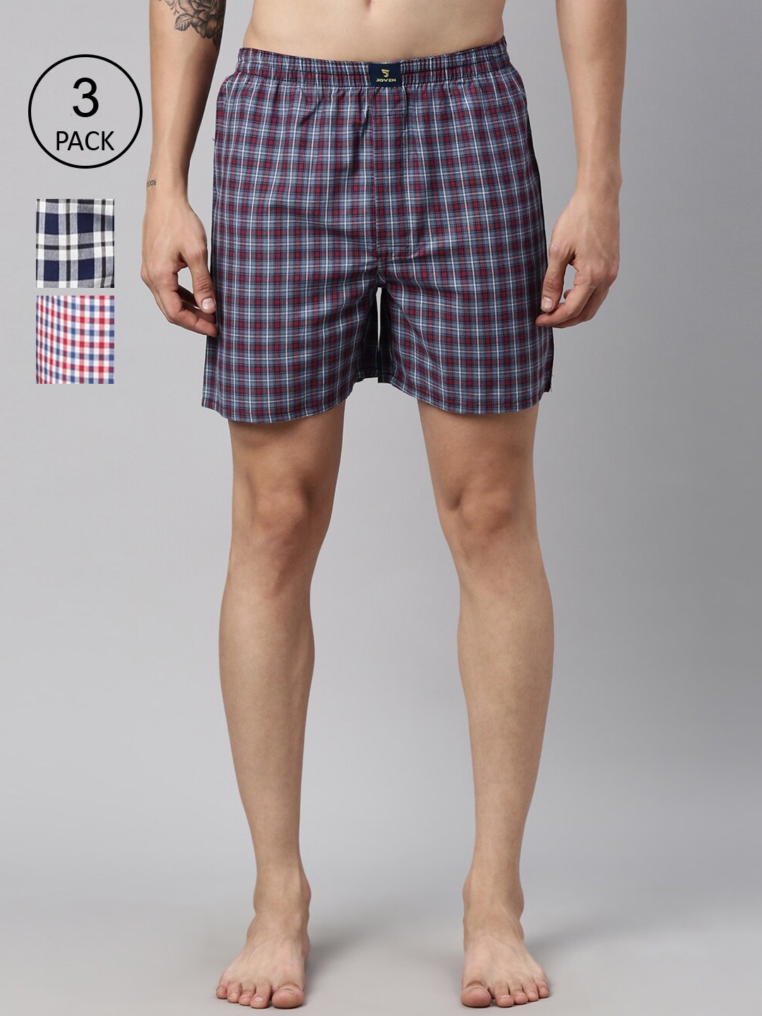

Joven Men Pack Of 3 Pure Cotton Checked Boxers, Blue