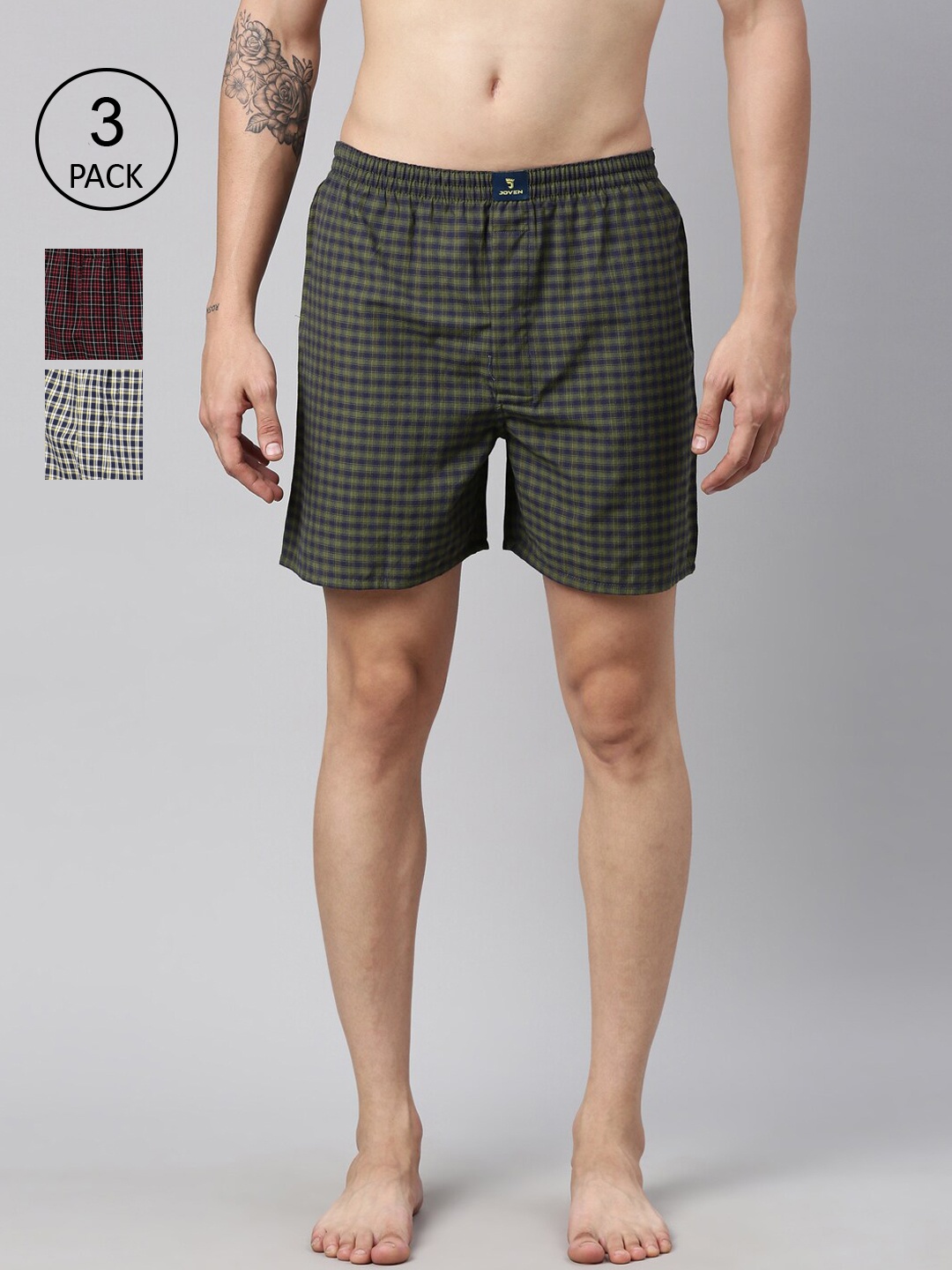 

Joven Men Pack Of 3 Checked Printed Pure Cotton Boxers, Blue
