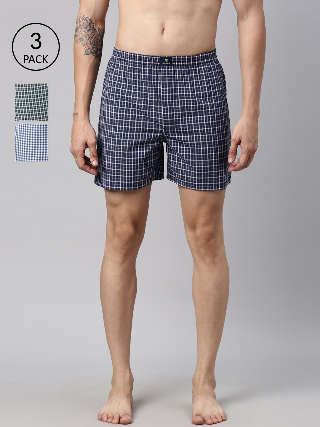 

Joven Men Pack of 3 Checked Cotton Boxers JB3C015, Navy blue
