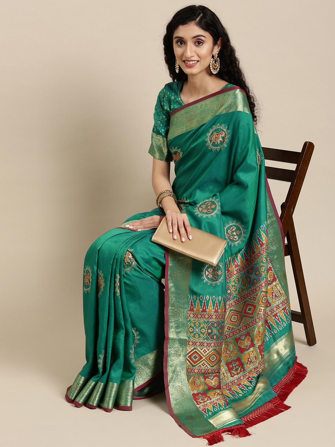 

Mitera Teal Green Embroidered Pure Silk Banarasi Saree