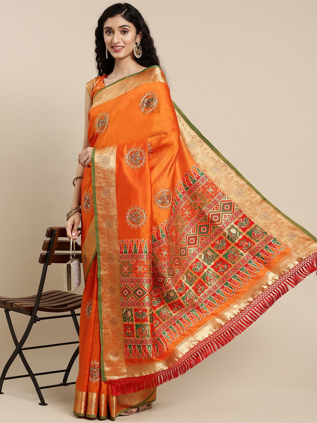 

Mitera Orange Embroidered Pure Silk Banarasi Saree