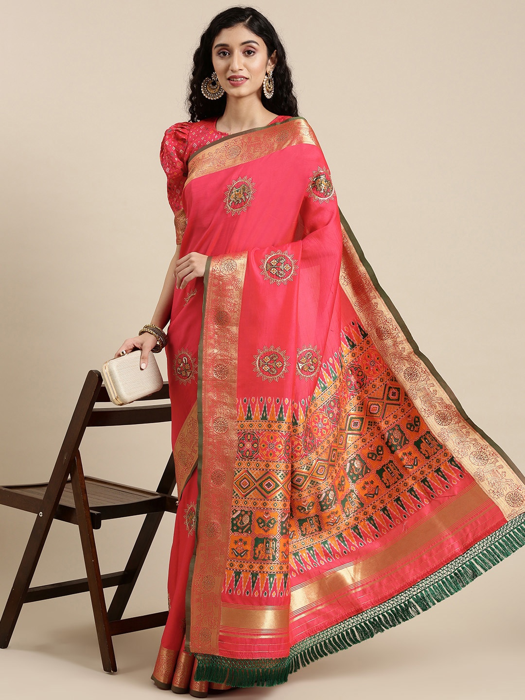 

Mitera Coral Pink Embroidered Pure Silk Banarasi Saree