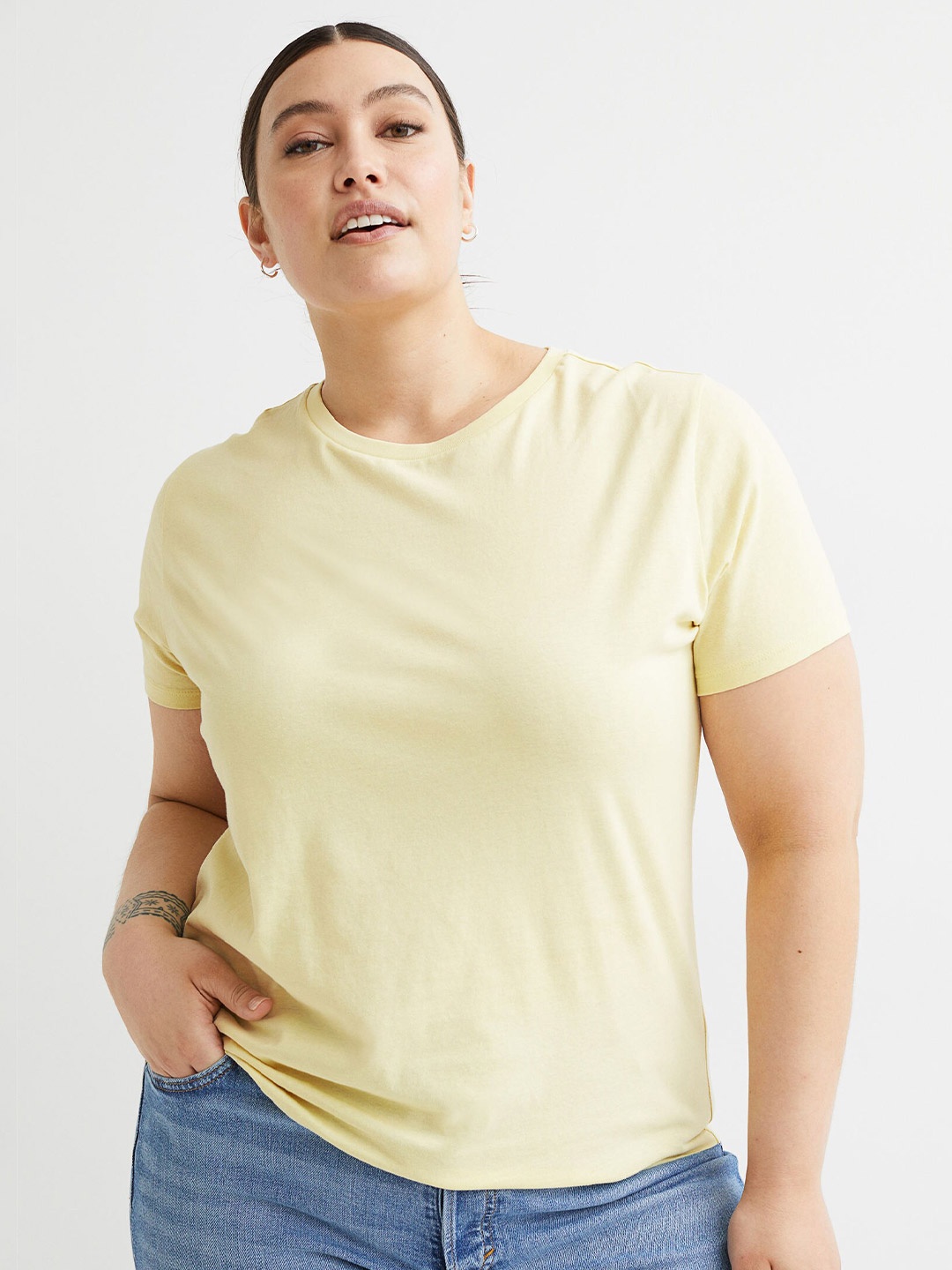 

H&M Women Yellow Round-Necked Cotton T-shirt
