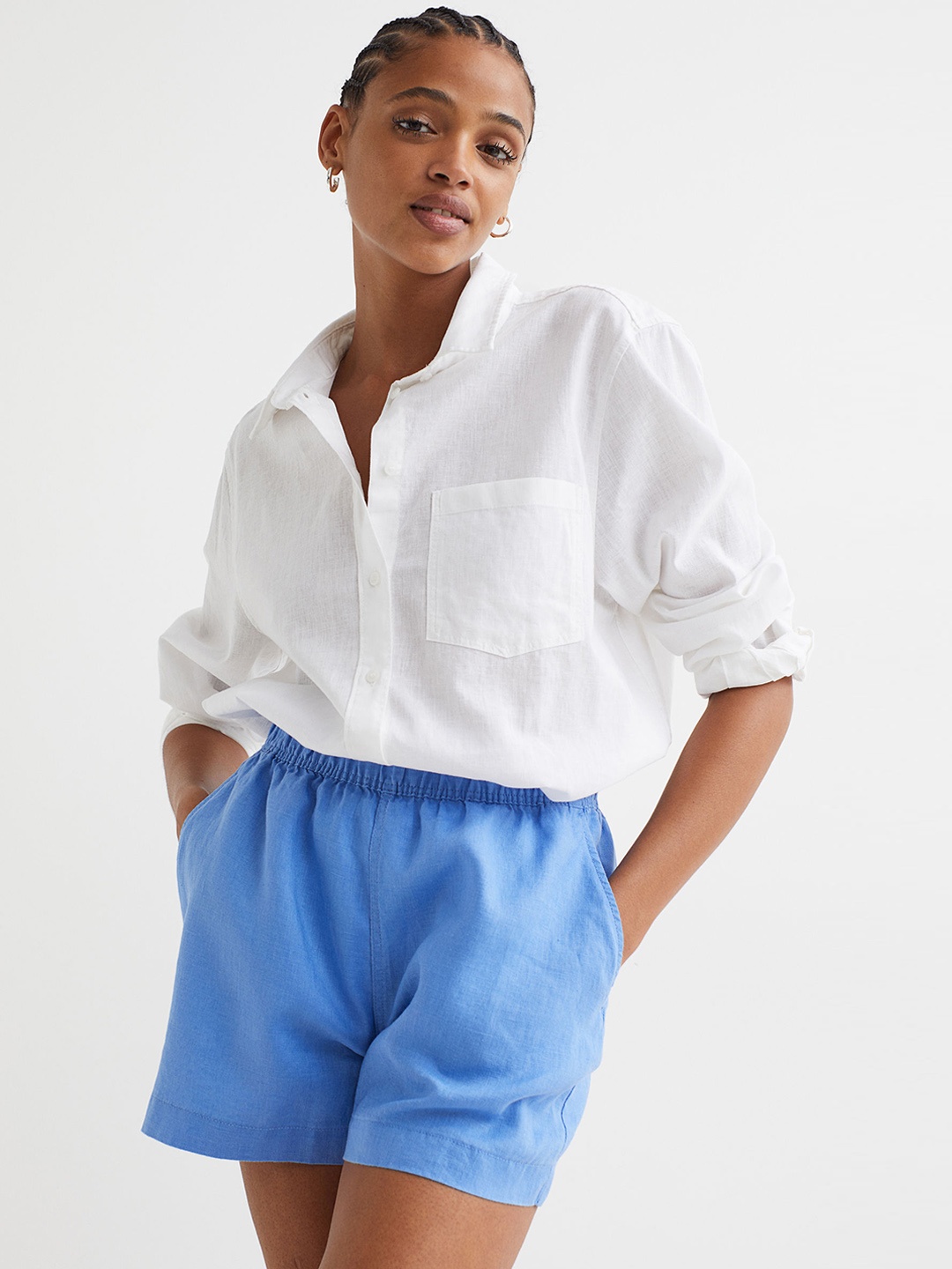

H&M Women Blue Solid Linen Shorts
