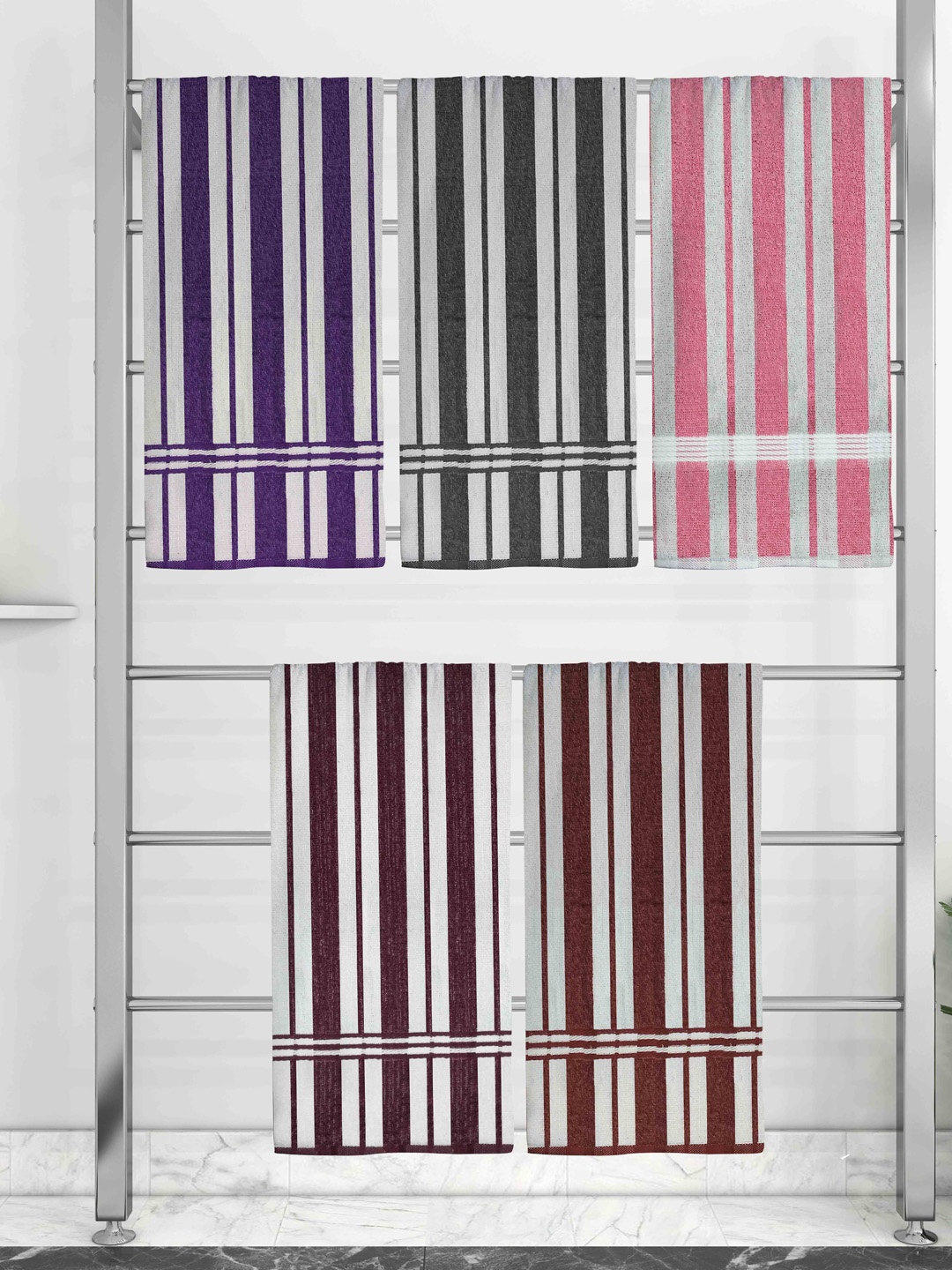 

Athom Trendz Set Of 5 Striped Pure Cotton 210 GSM Bath Towel, White