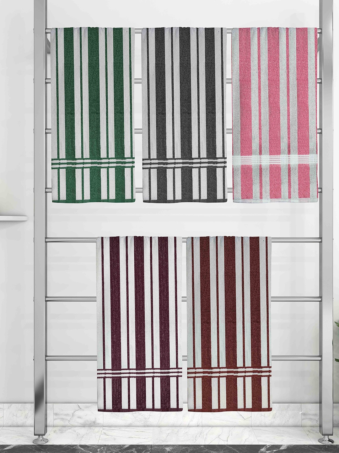 

Athom Trendz Set Of 5 Striped Pure Cotton 210 GSM Bath Towel, White
