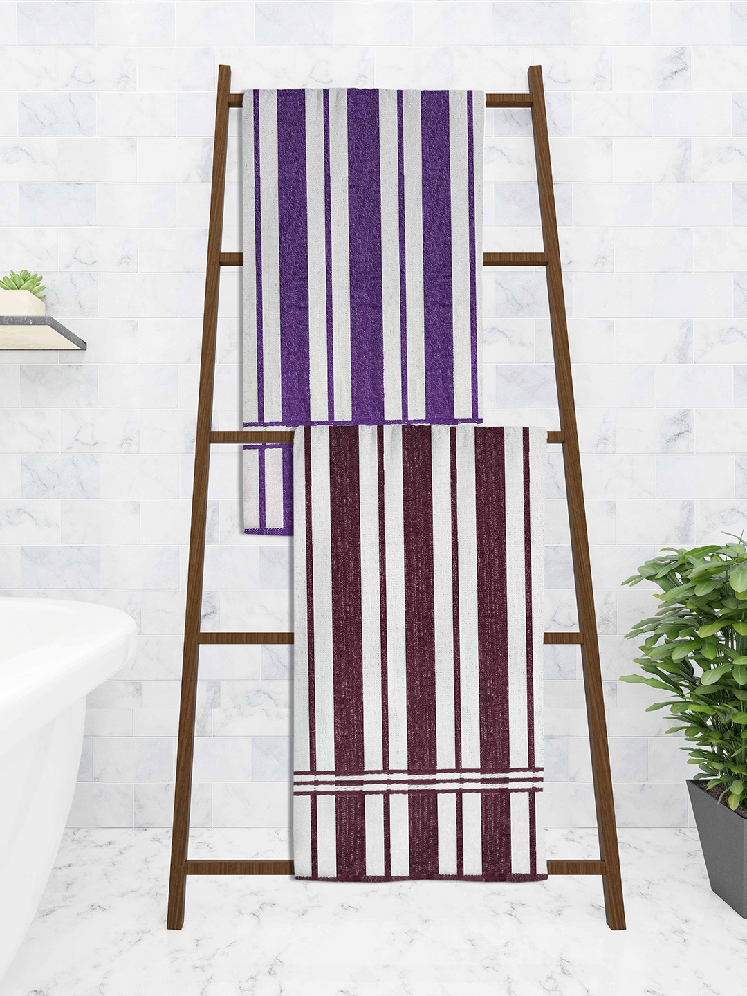 

Athom Trendz Set Of 2 Striped 210 GSM Pure Cotton Bath Towels, White