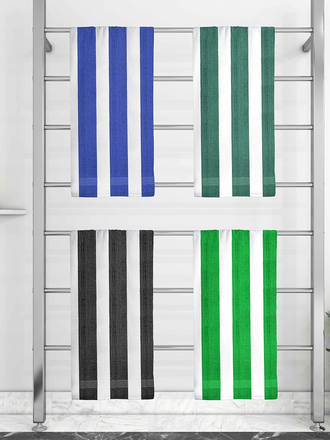 

Athom Trendz Set Of 4 Striped 210 GSM Pure Cotton Bath Towels, Blue