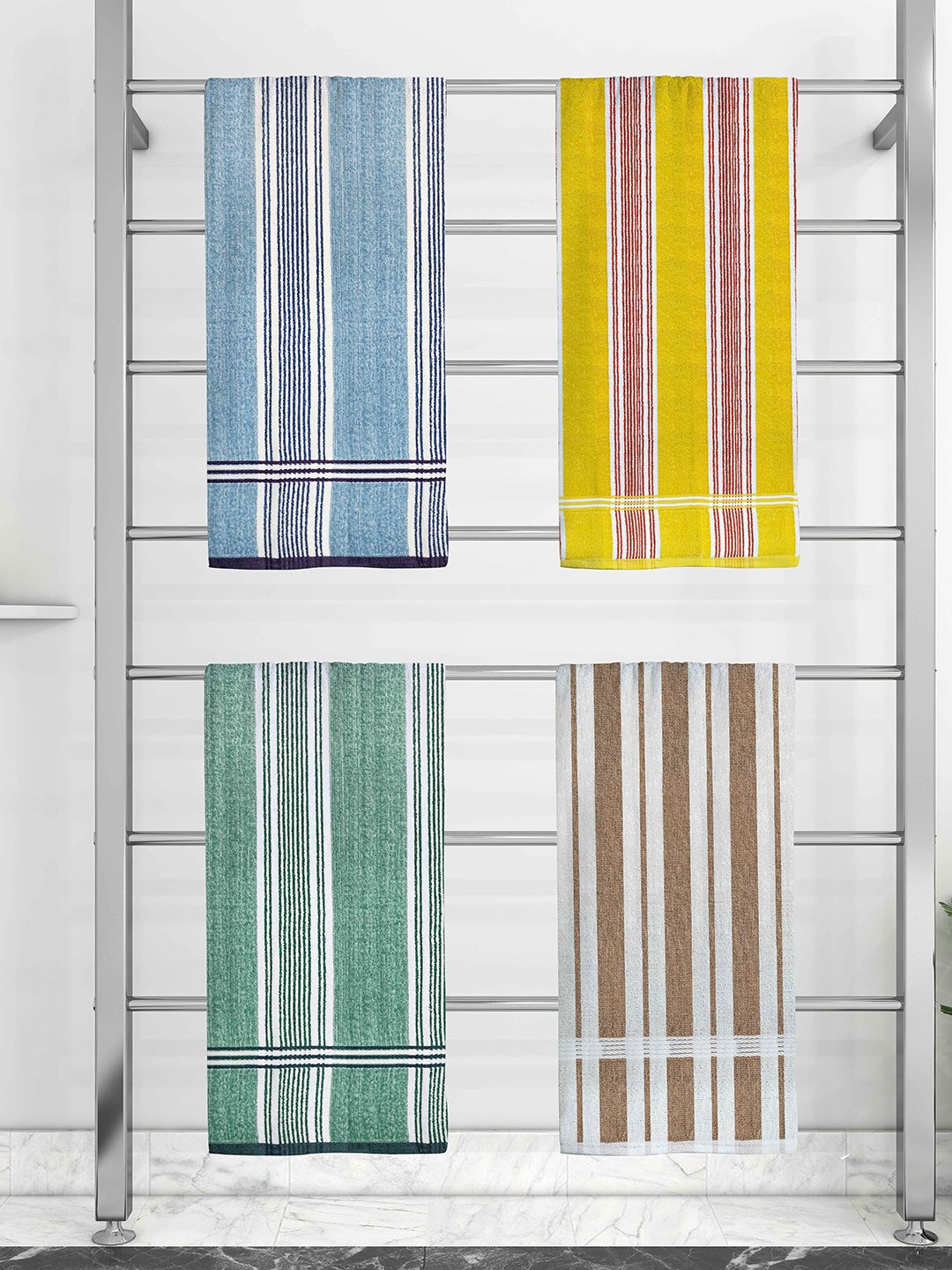 

Athom Trendz Set Of 4 Striped 210 GSM Pure Cotton Bath Towels, Blue