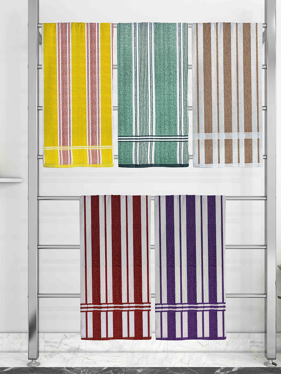 

Athom Trendz Set Of 5 Striped Pure Cotton 210 GSM Bath Towel, Green