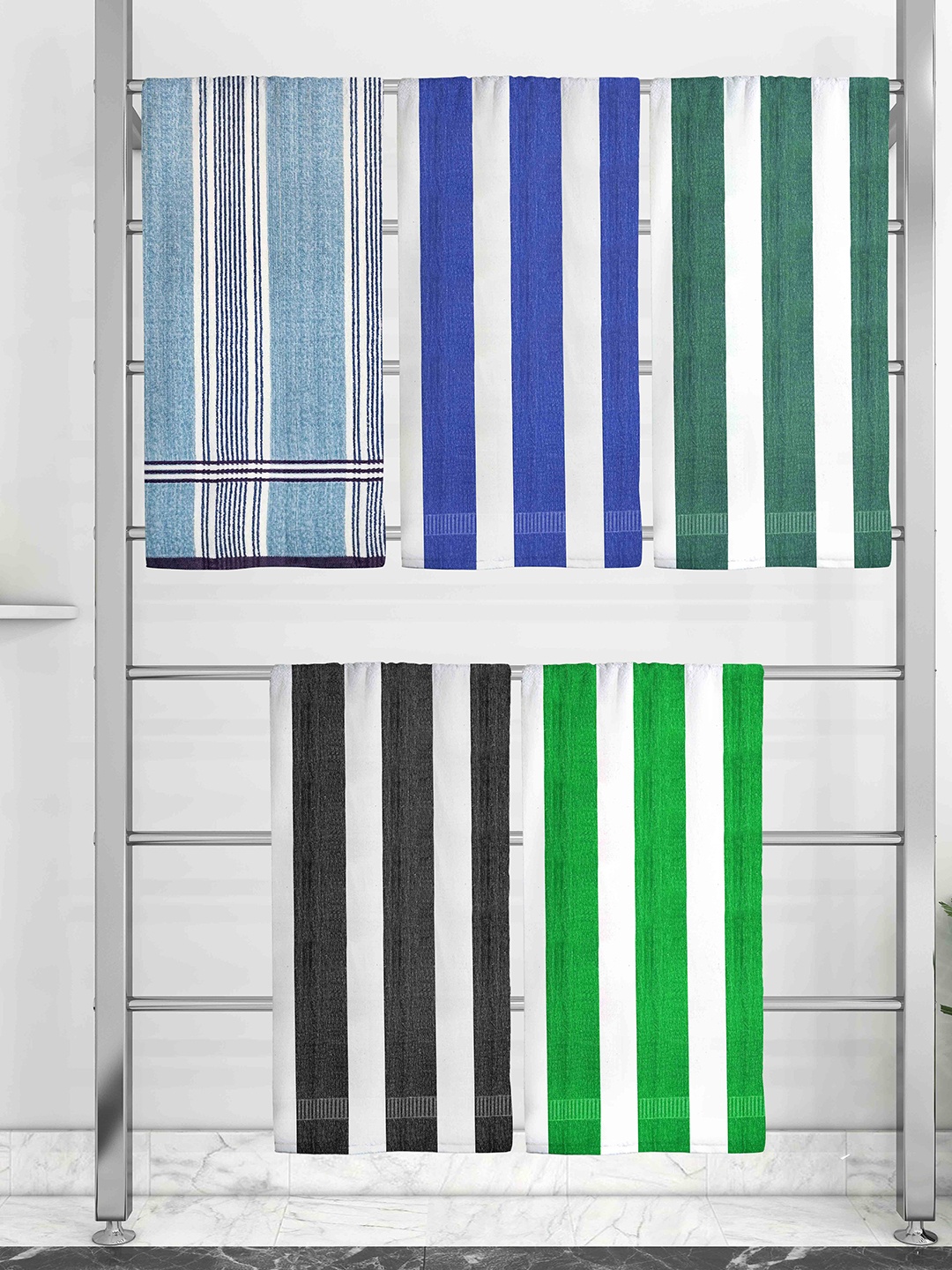 

Athom Trendz Set Of 5 Striped 210 GSM Pure Cotton Bath Towels, Multi