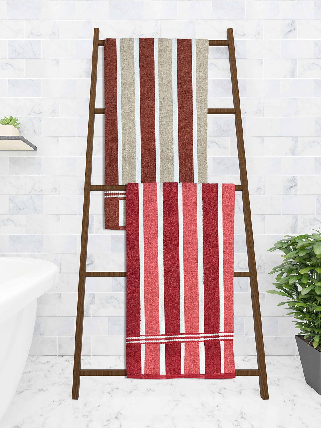 

Athom Trendz Pack Of 2 Striped 210 GSM Pure Cotton Bath Towels, Brown