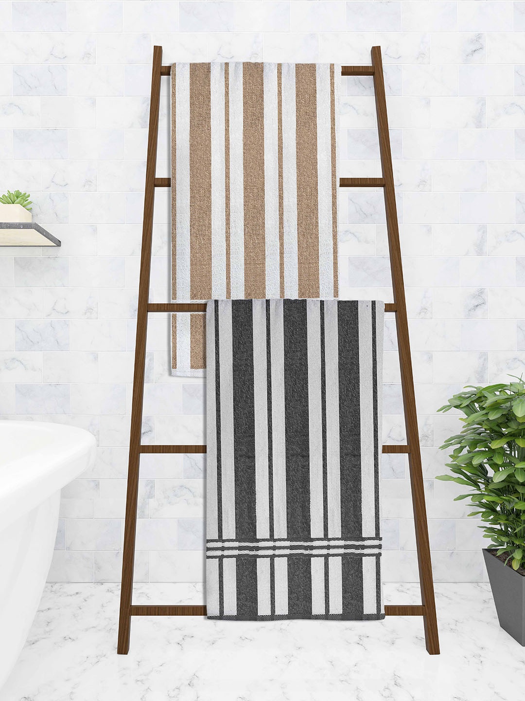 

Athom Trendz Set Of 2 Striped 210 GSM Pure Cotton Bath Towels, Black