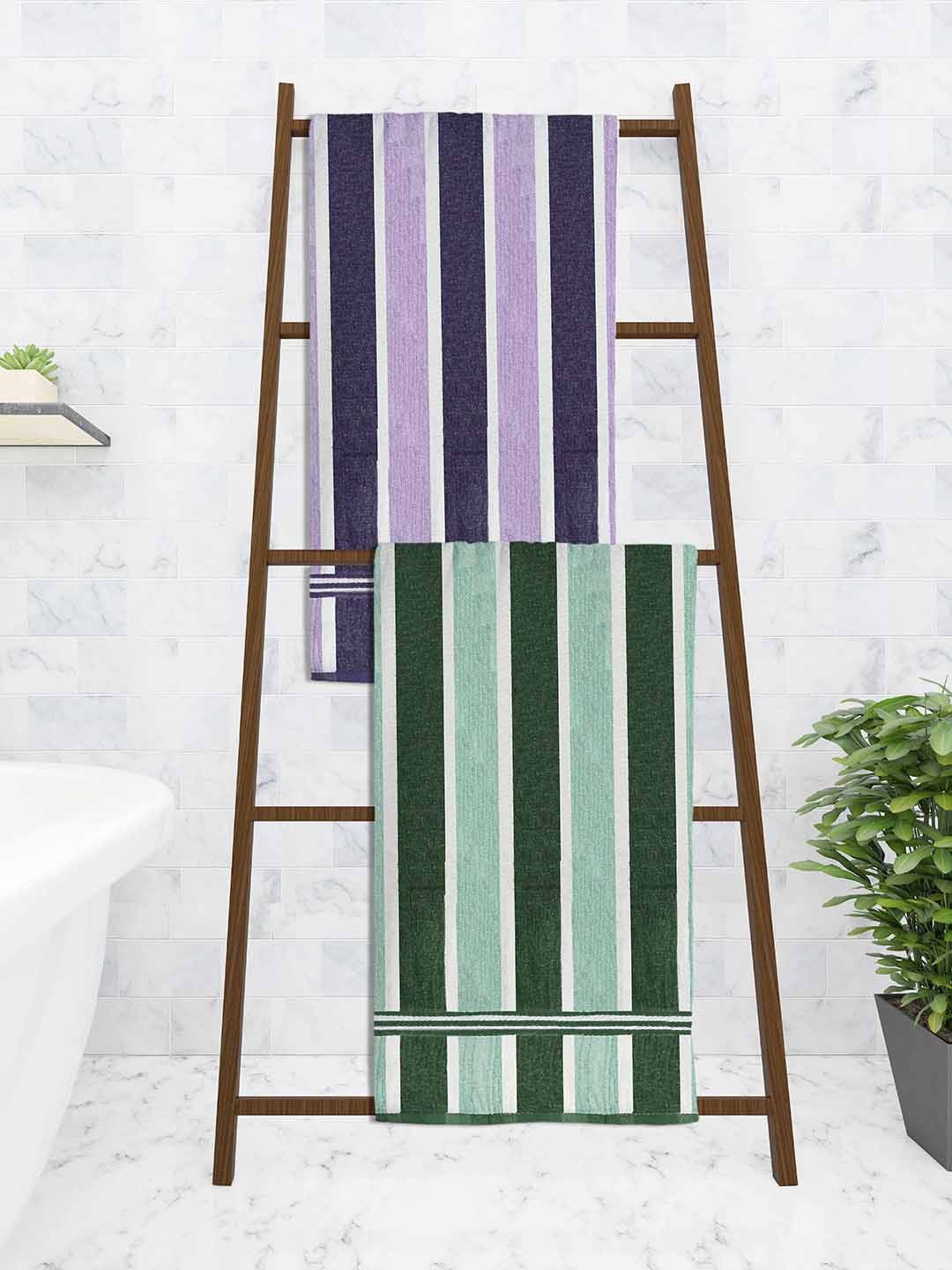 

Athom Trendz Set Of 2 Striped 210 GSM Pure Cotton Bath Towels, Purple
