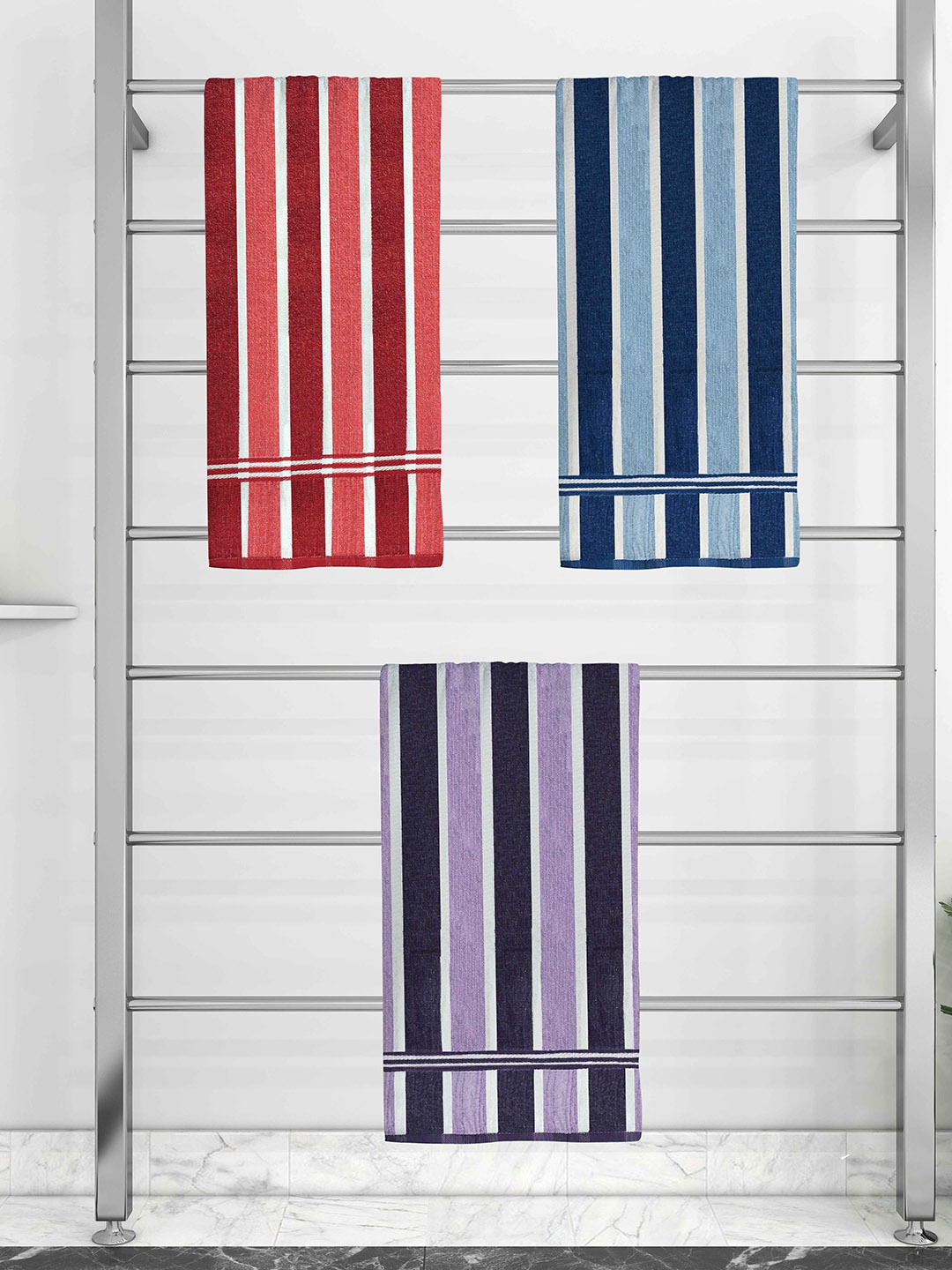 

Athom Trendz Set Of 3 Striped 210 GSM Pure Cotton Bath Towels, Red