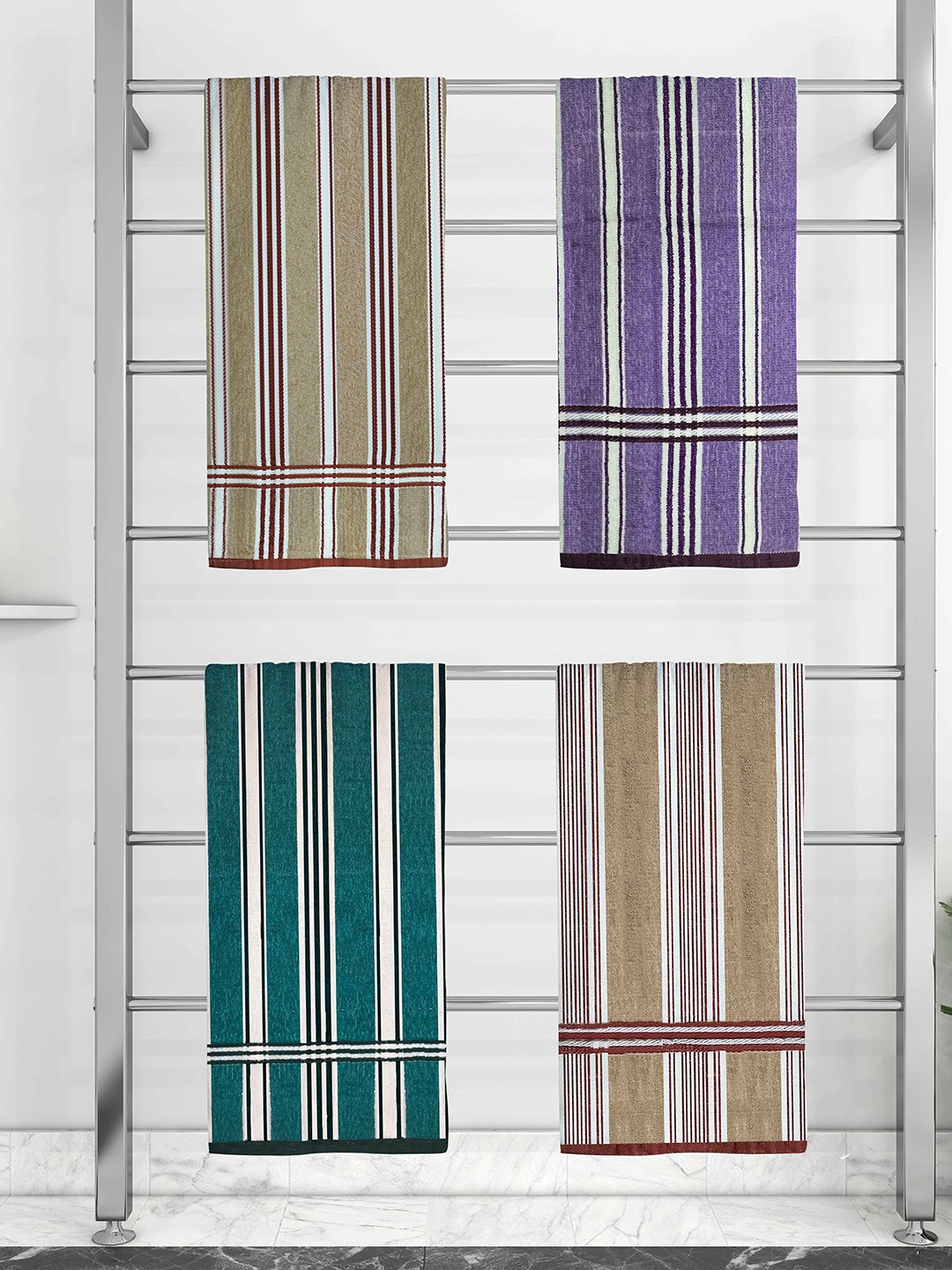 

Athom Trendz Set Of 4 Striped 210 GSM Pure Cotton Bath Towels, Beige
